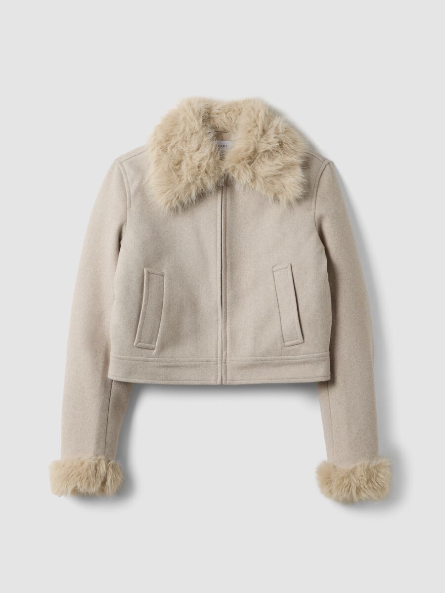 Beige jacket with zip and faux-fur collar_0