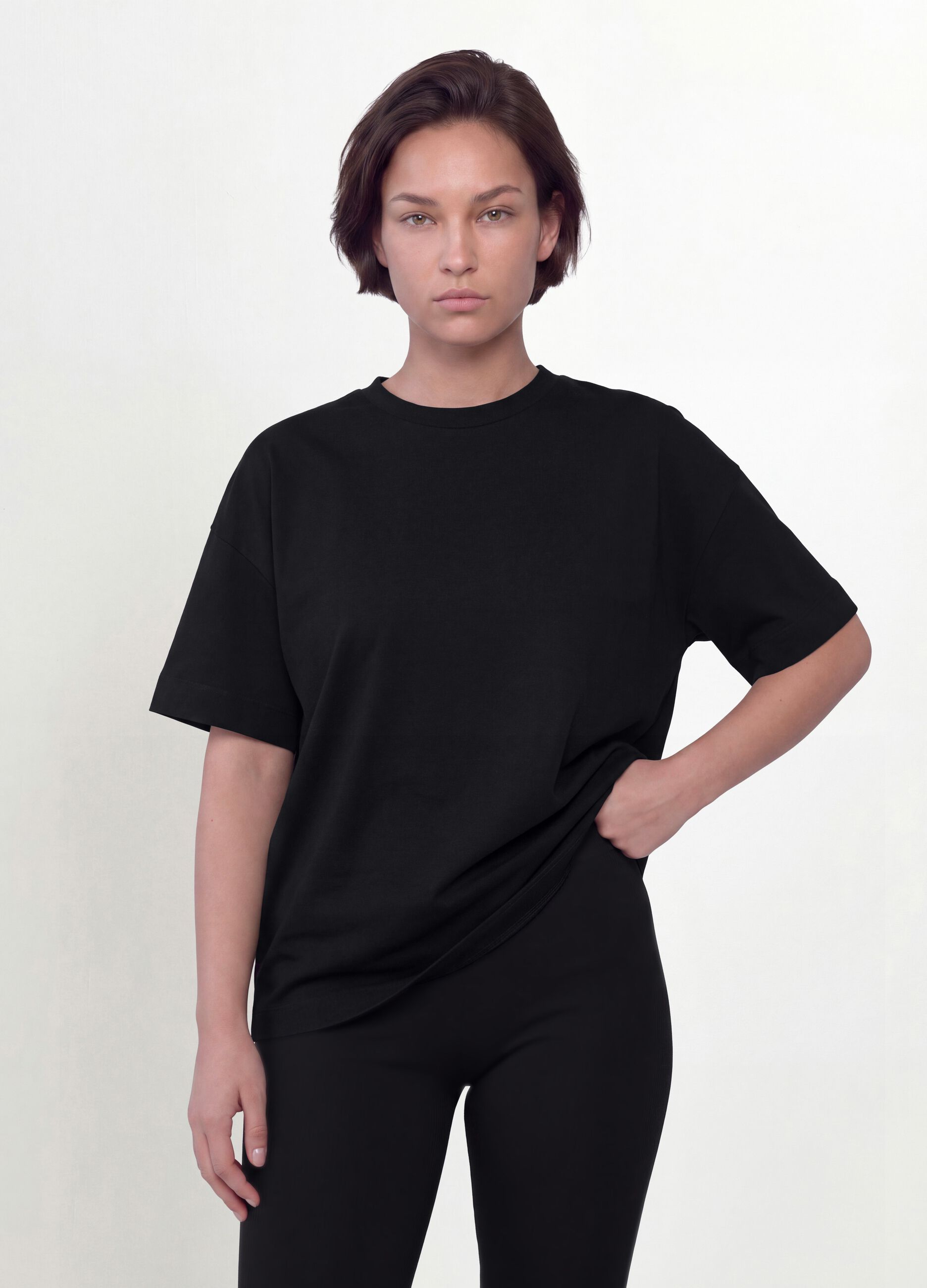 Black crew-neck T-shirt in stretch cotton-modal blend, regular fit
