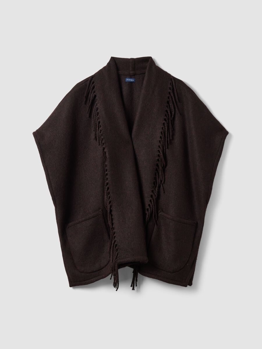 Brown wool-blend cape with fringe_0