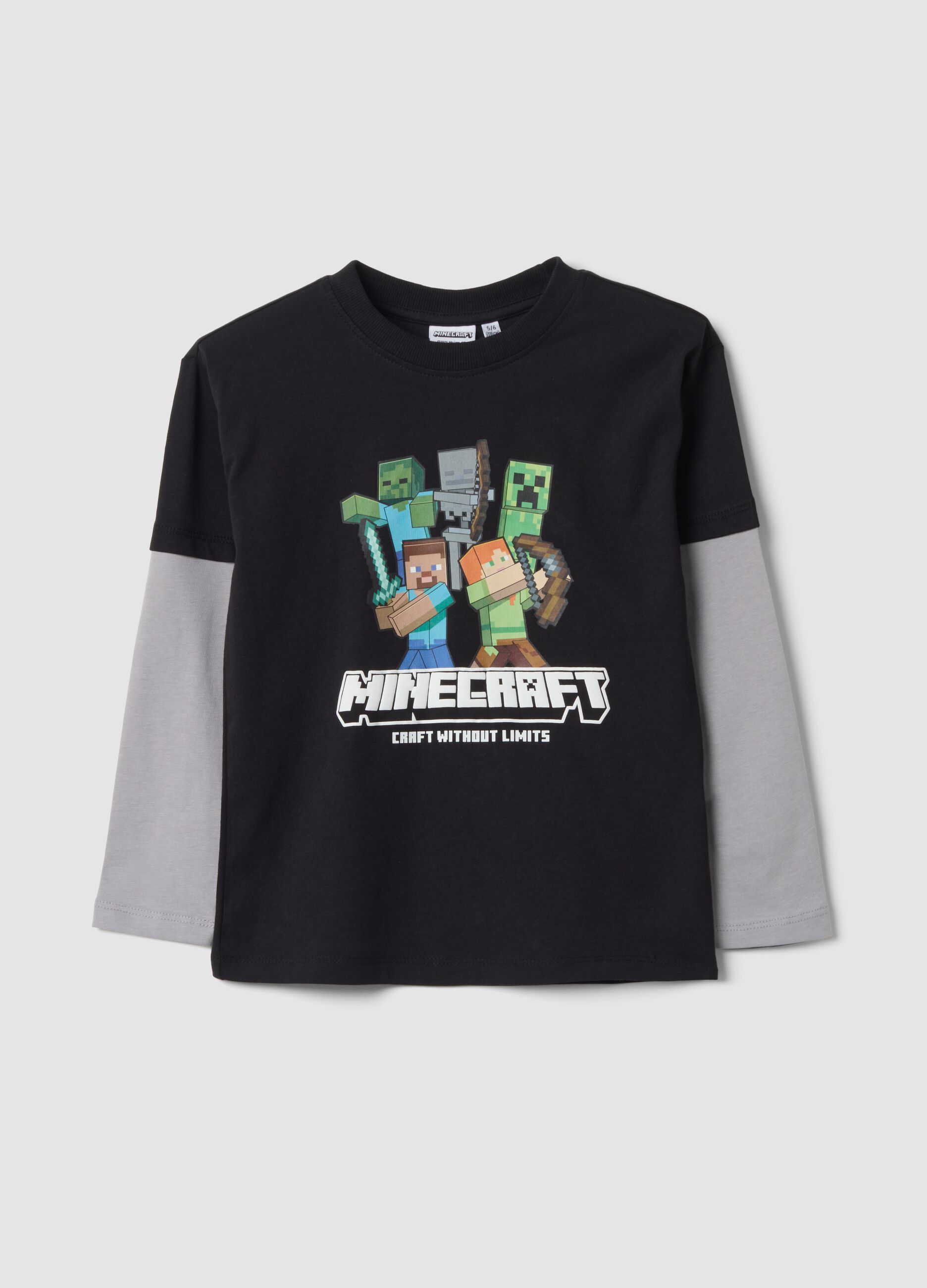 Black pure cotton crew-neck Minecraft print T-shirt &ndash; oversized fit