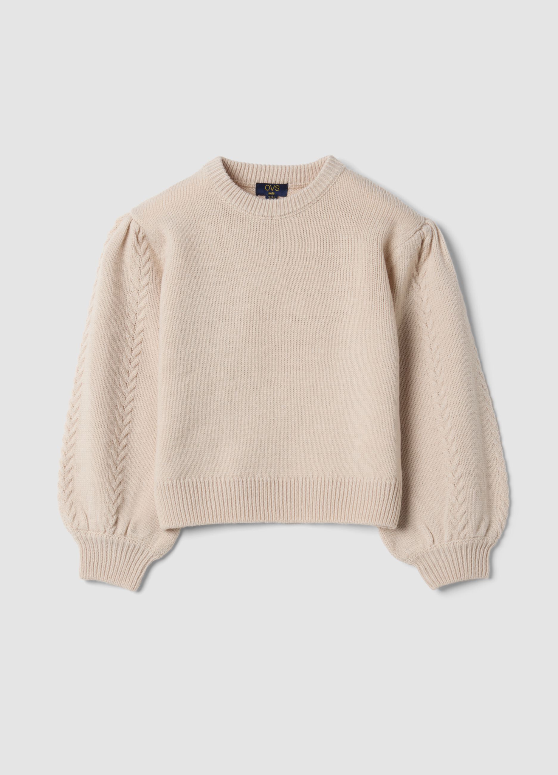 Beige crew-neck jumper with puff sleeves, regular fit