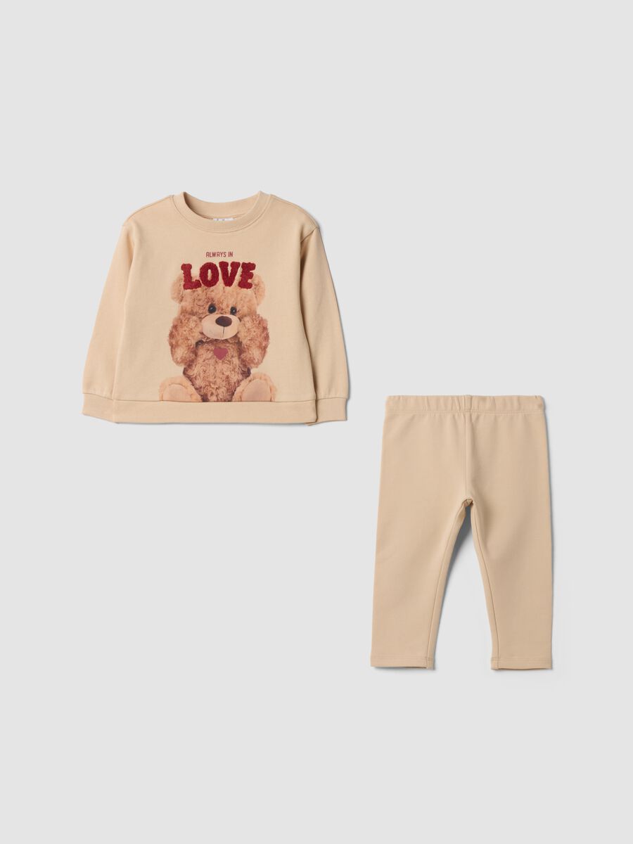 Beige pure cotton set with teddy bear print_0