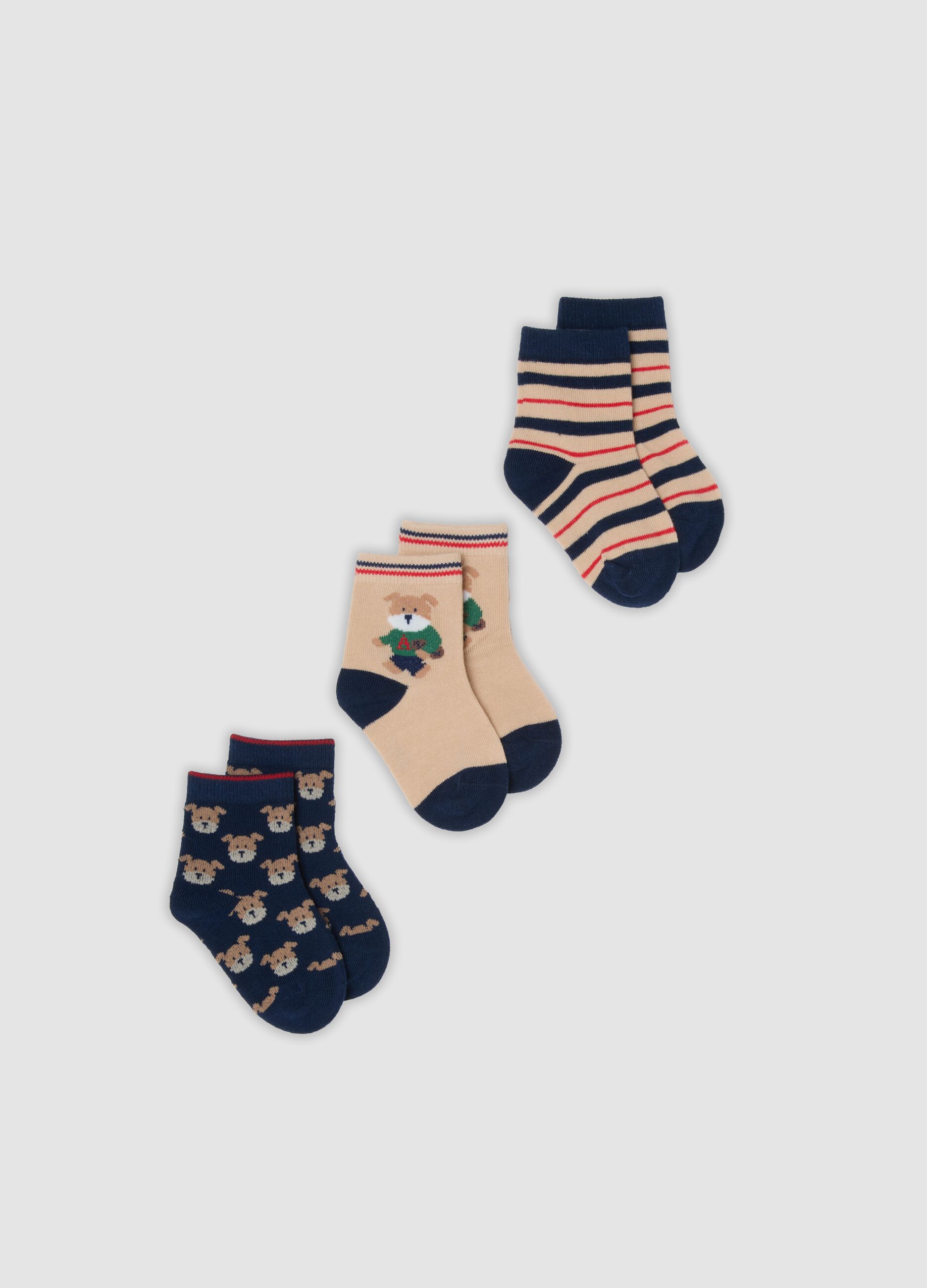 3-pack of blue and beige organic stretch cotton socks with puppy print