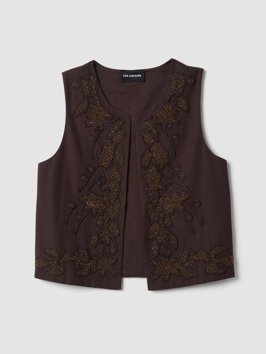 Brown cotton-linen blend waistcoat with floral embroidery_0
