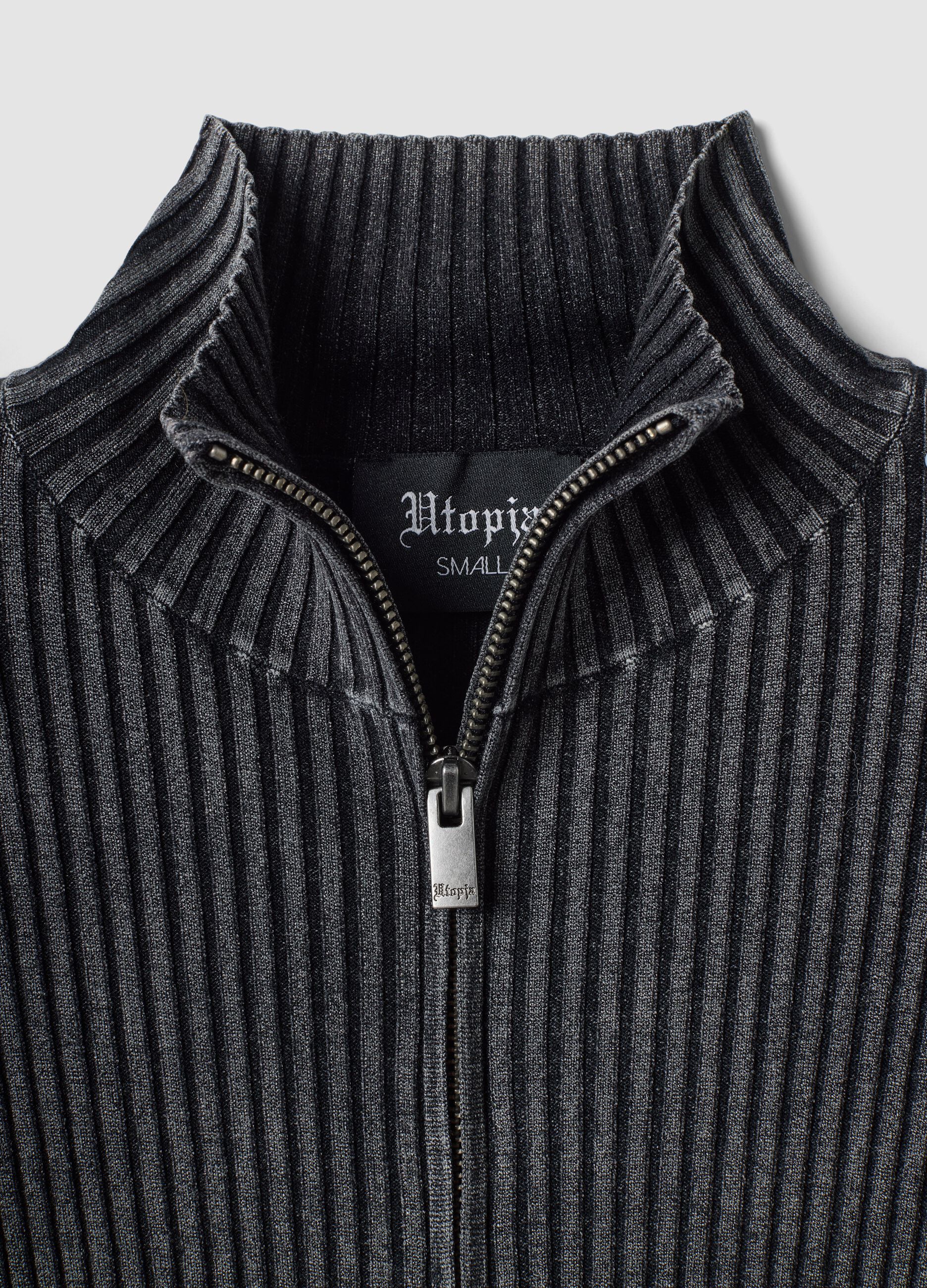 Full-Zip Ribbed Knit in Vintage Grey