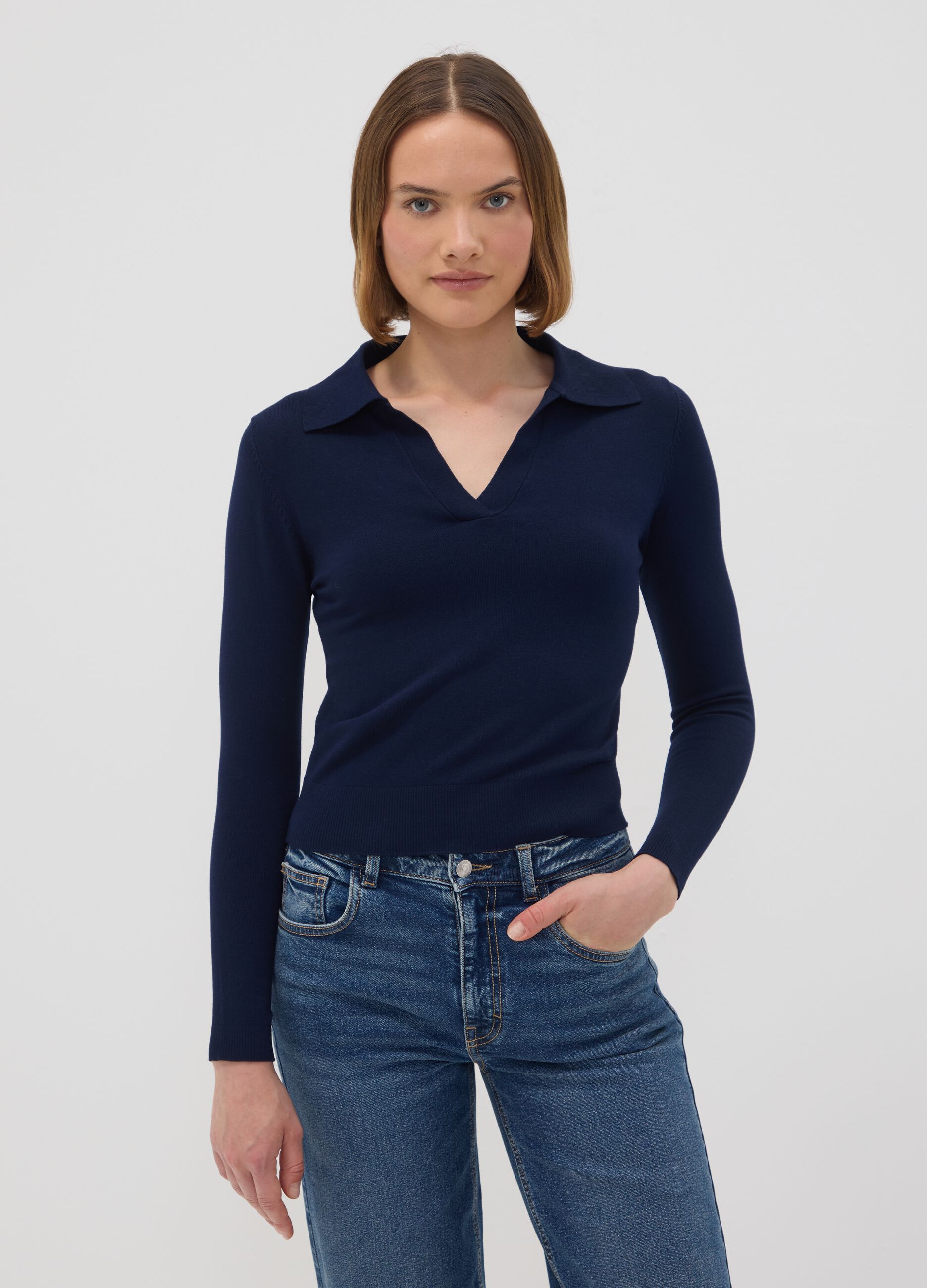 Blue viscose-blend polo-collar jumper, regular fit