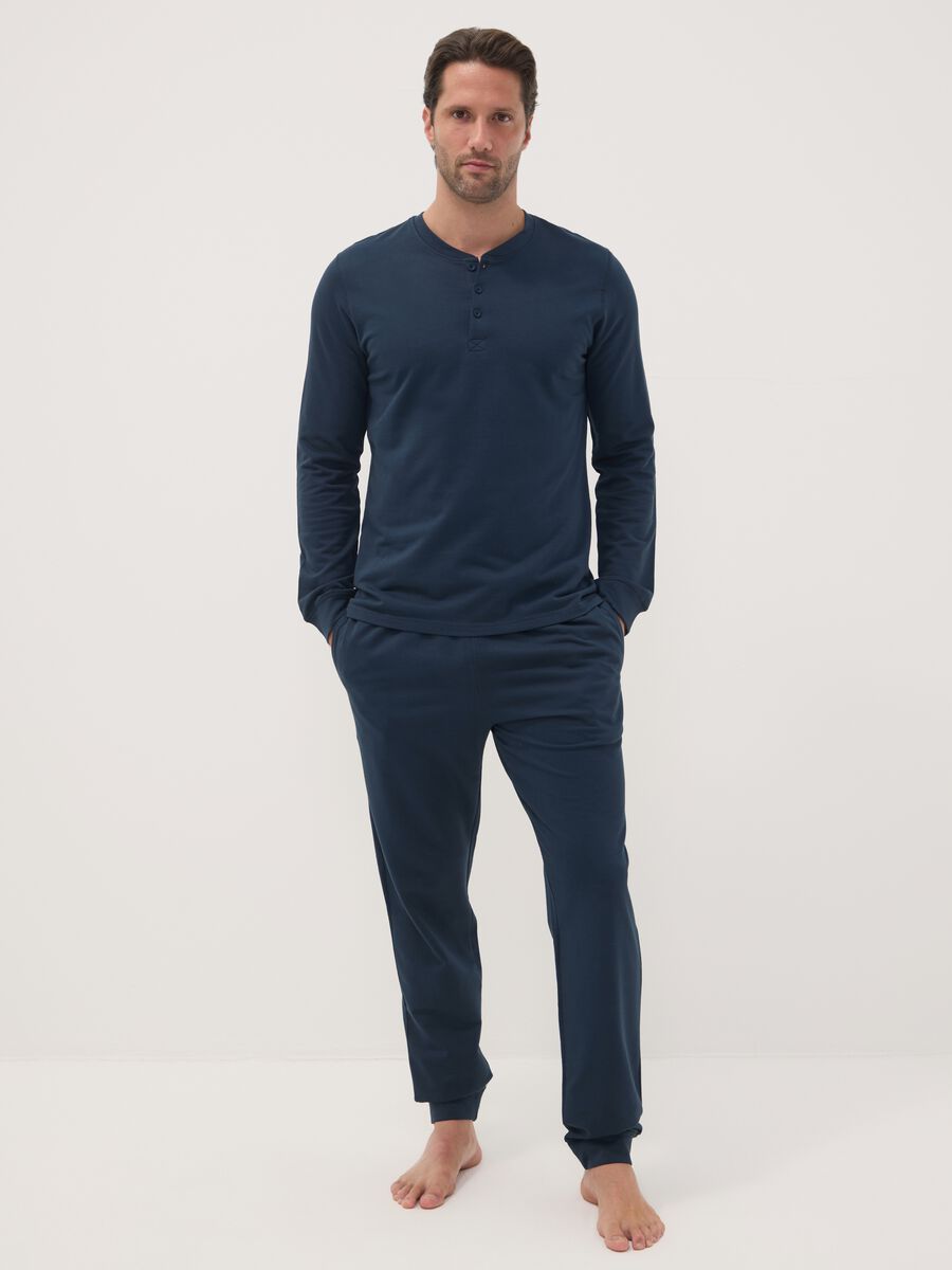 Blue pure cotton pyjamas with Henley neckline_0