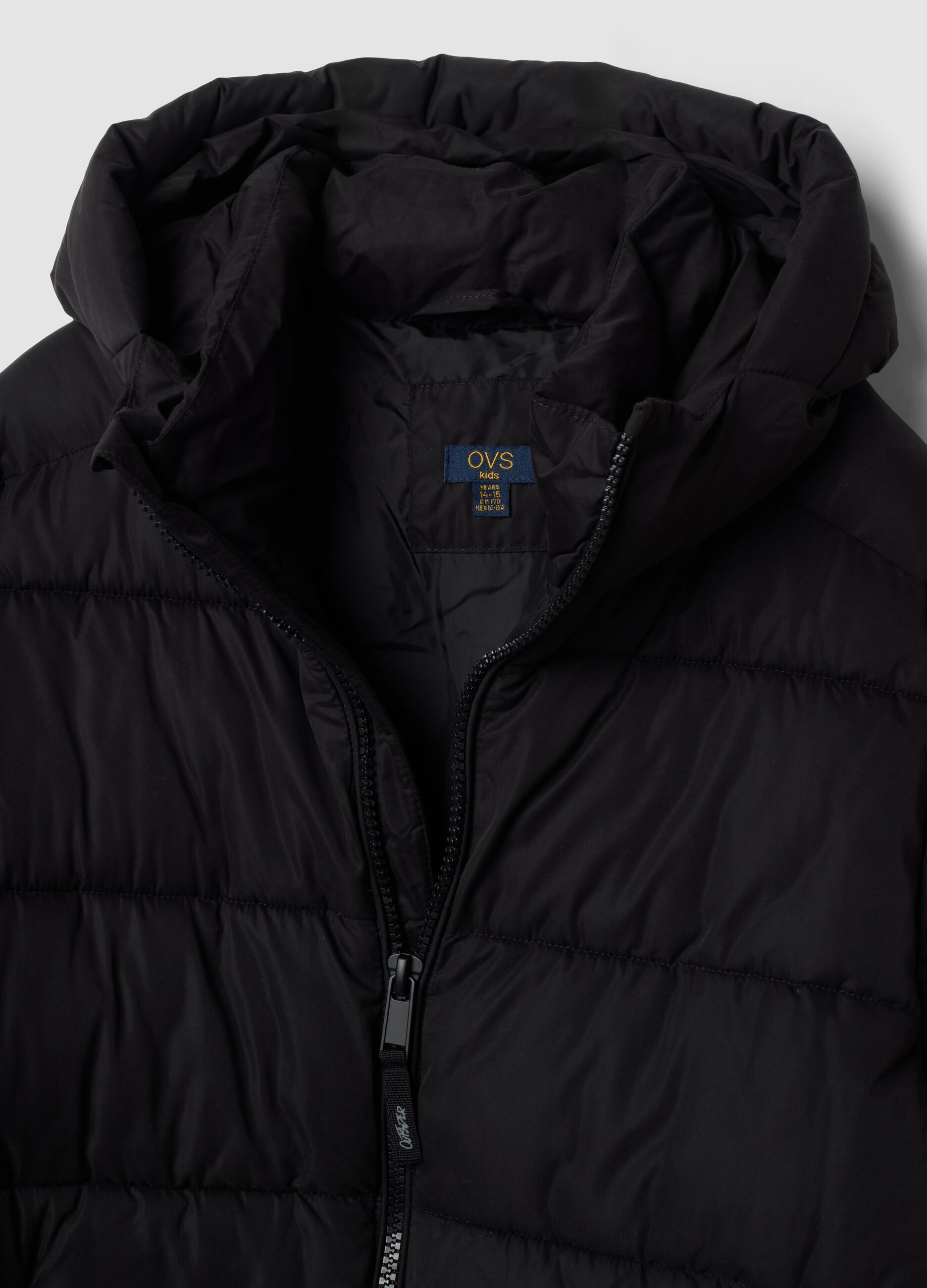 Black padded jacket with hood and zip