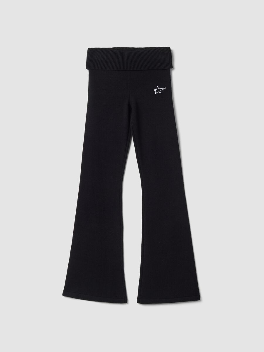 Black flared viscose-blend leggings with star embroidery_0