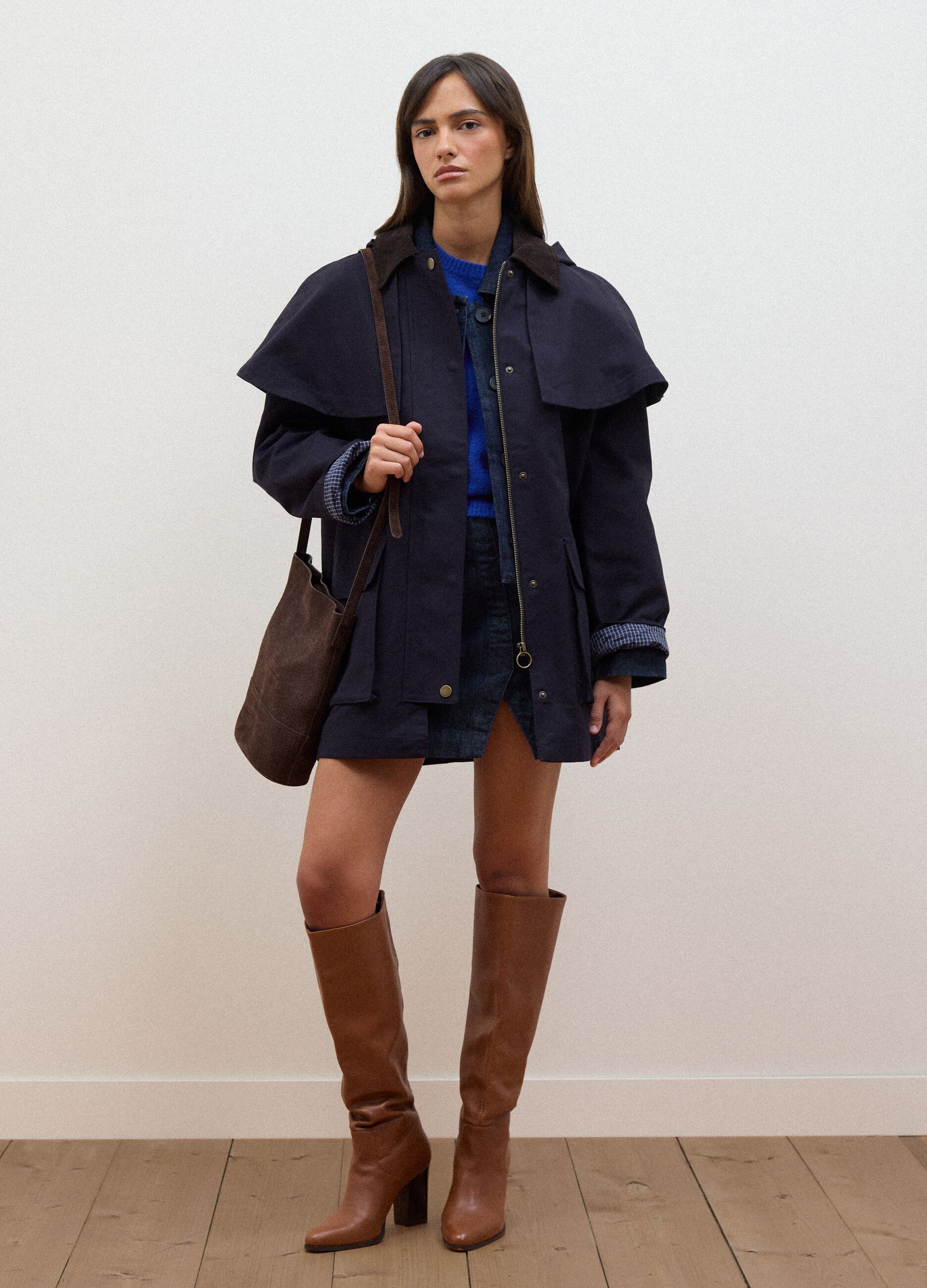 Blue pure cotton parka with hood, oversized fit