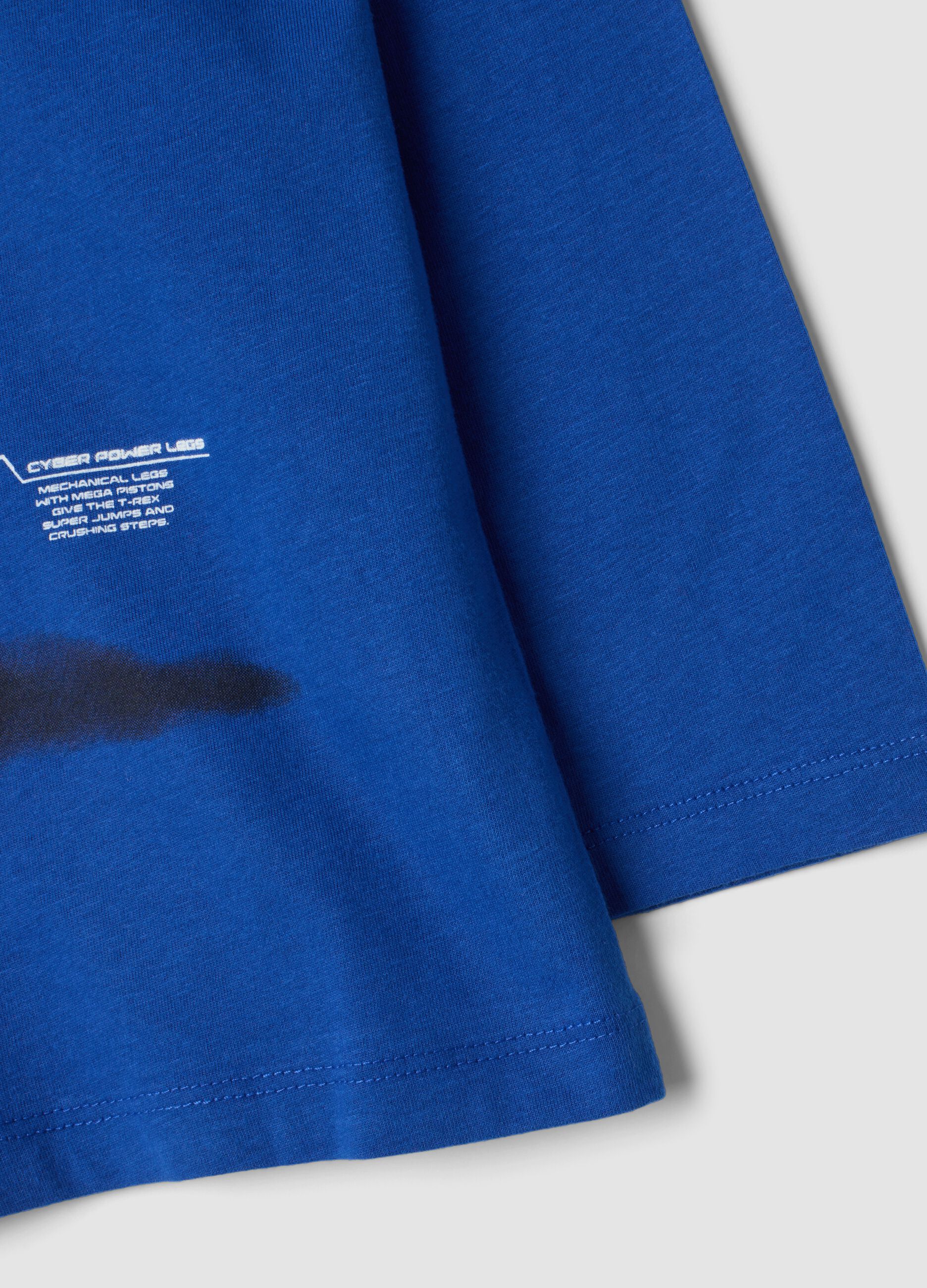 T-shirt blu girocollo in puro cotone organico con stampa dinosauro