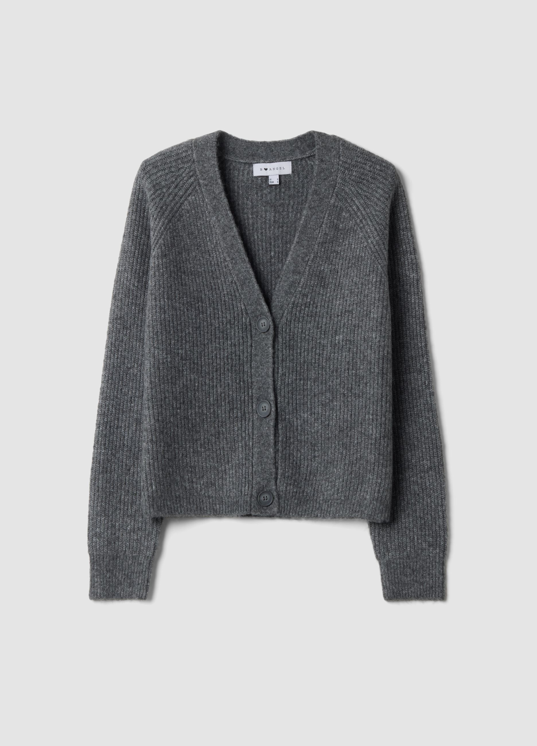 Grey stretch-wool cardigan with deep V-neck, oversized fit