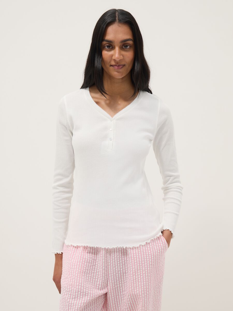 White pure cotton nightshirt regular fit with henley collar_1