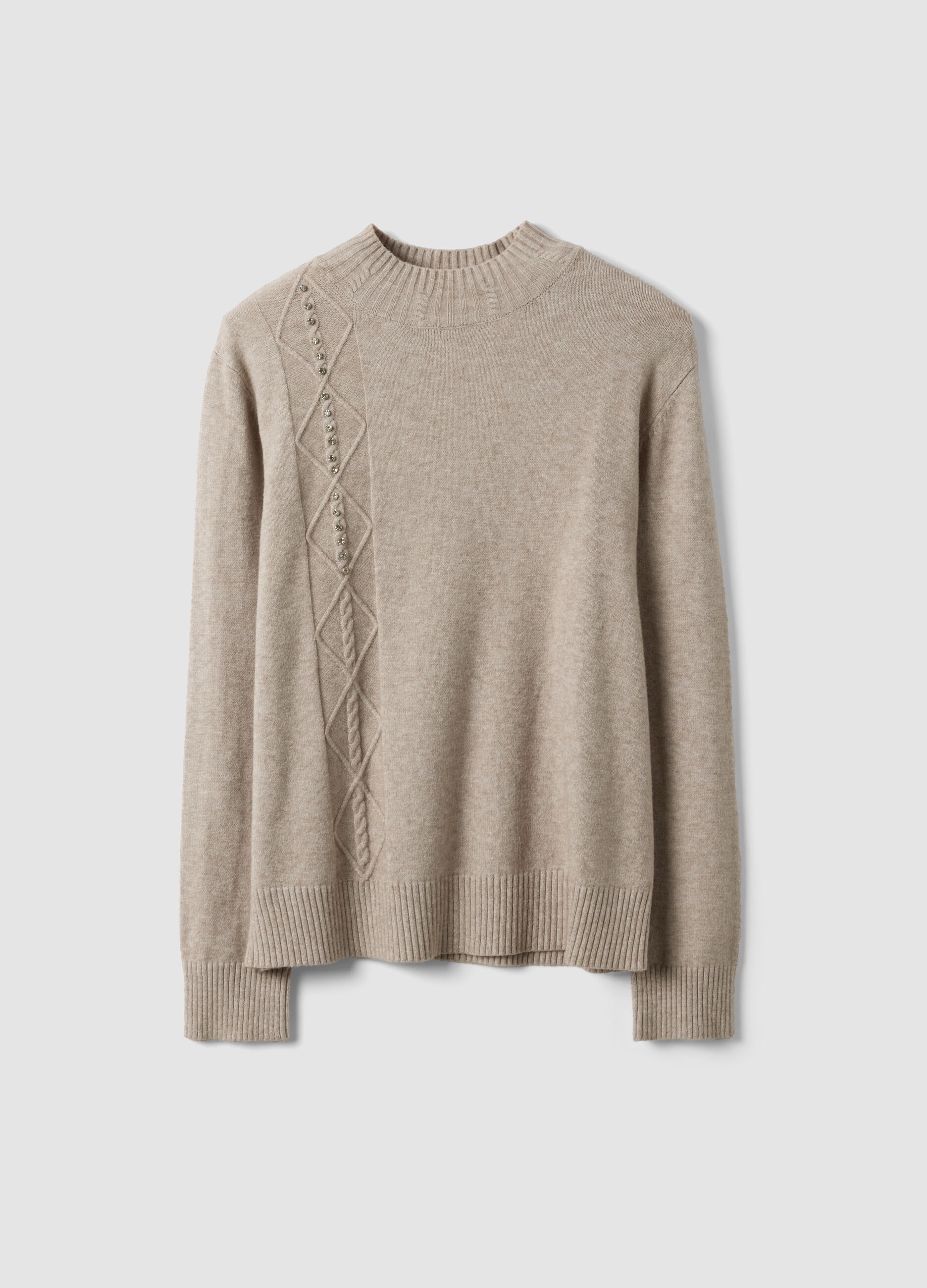 Beige viscose-blend ribbed high-neck jumper, regular fit