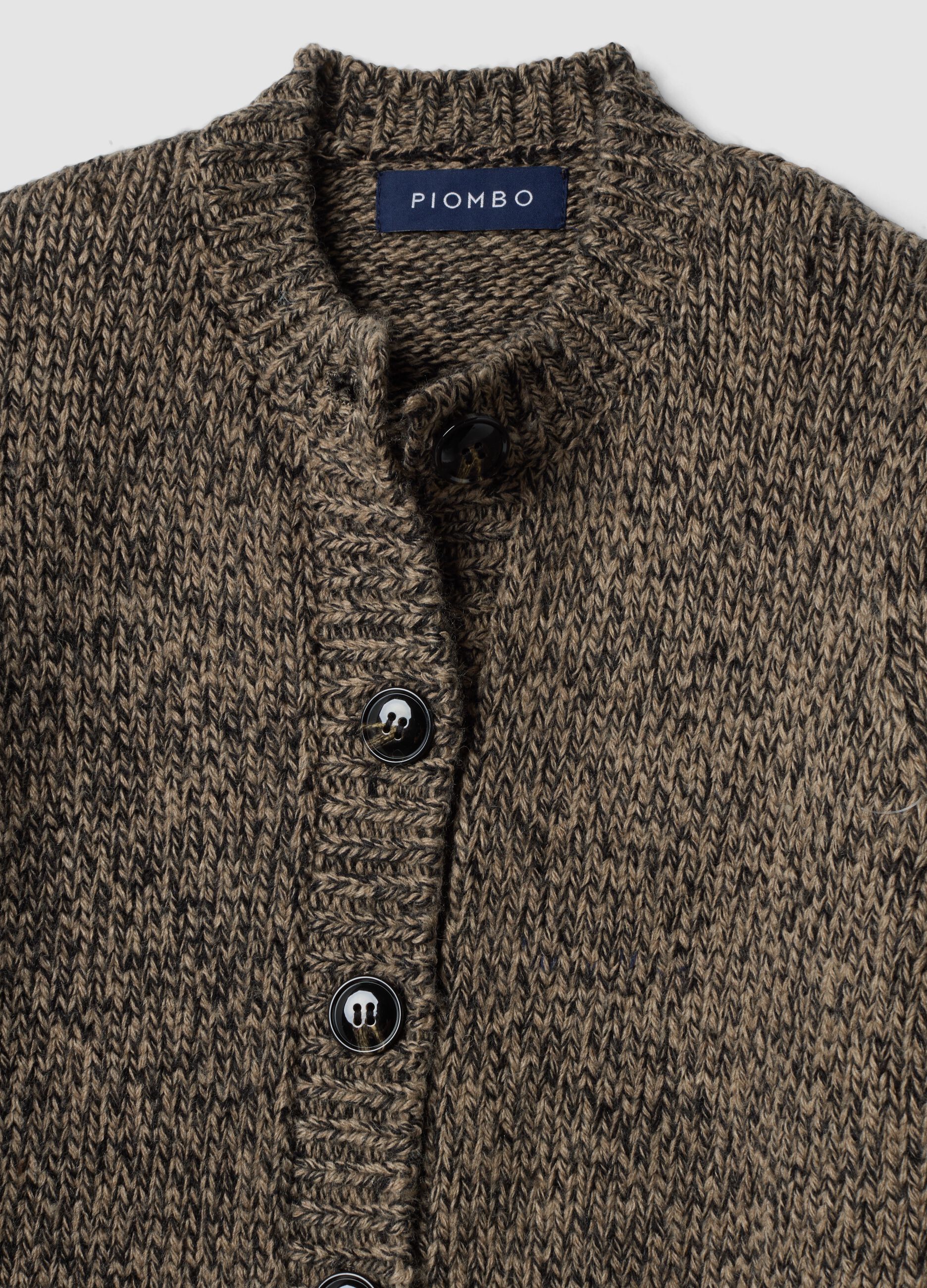 Brown wool-blend crew-neck cardigan, regular fit