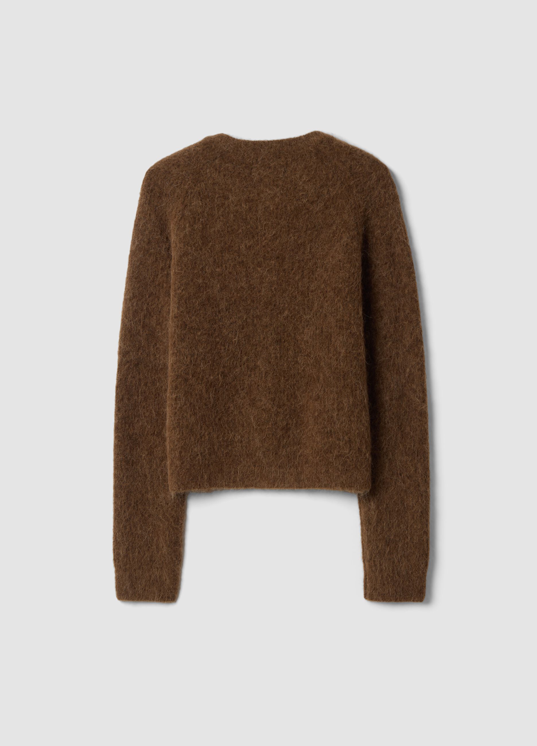 Brown crew-neck alpaca and stretch wool cardigan