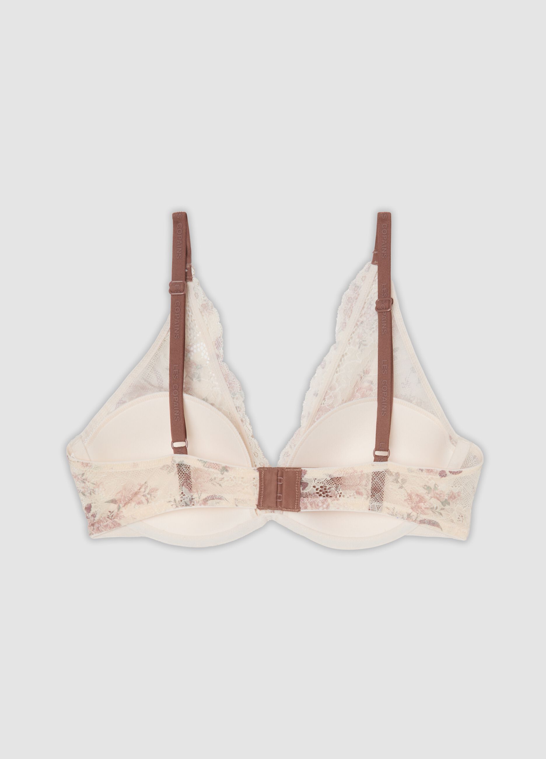 Reggiseno bralette beige imbottito in tessuto elasticizzato con pizzo floreale