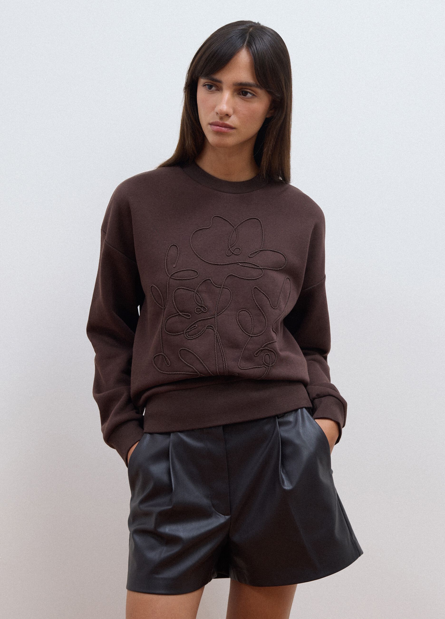 Brown cotton-blend crew-neck sweatshirt, regular fit
