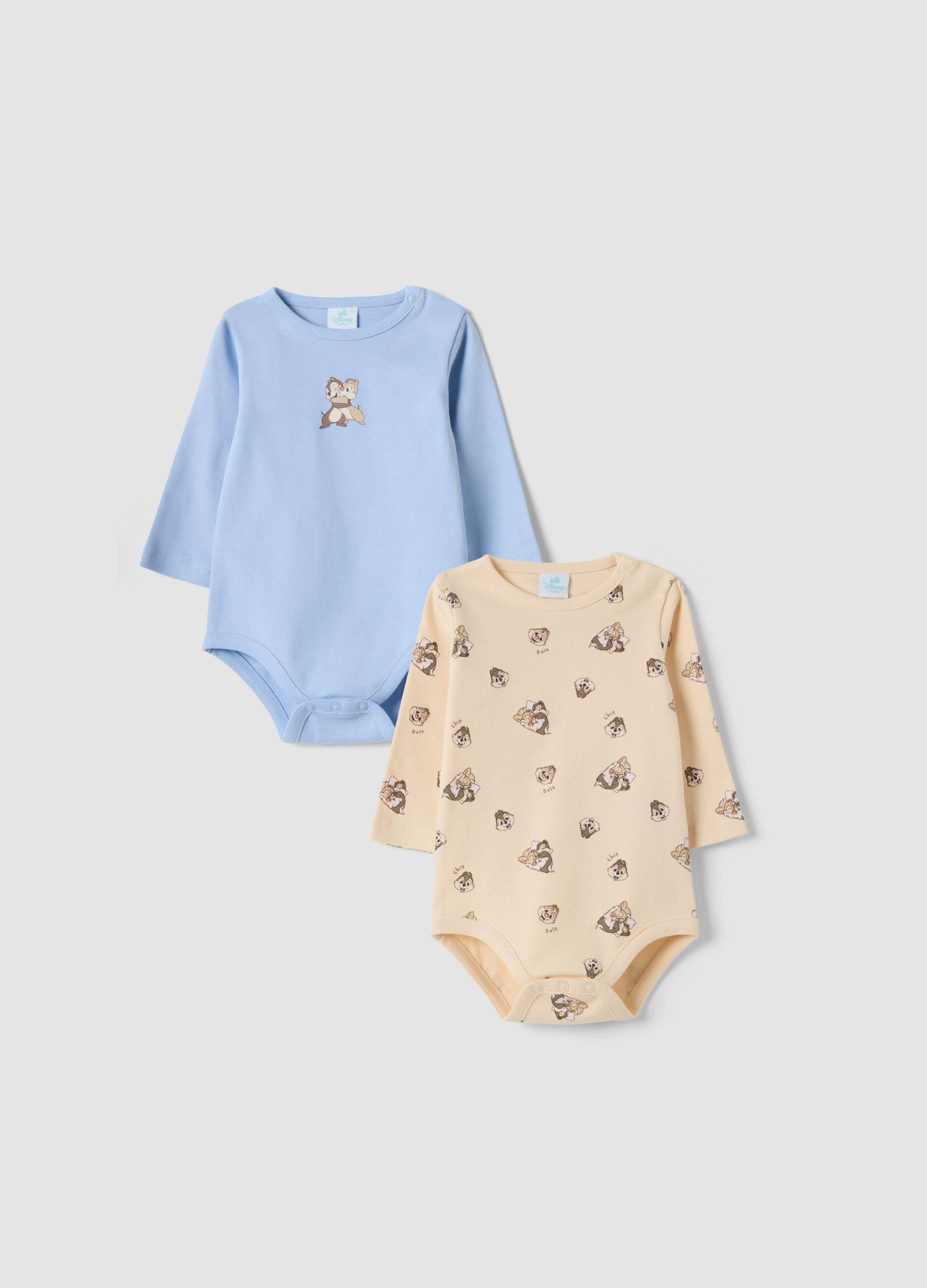 2-pack blue and orange organic cotton bodysuits with Chip and Dale print