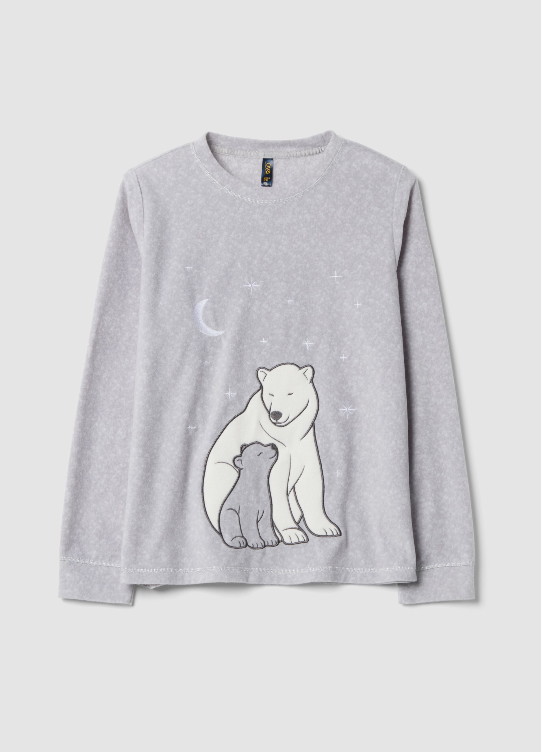 Grey marl fleece pyjama top with crew neck and bear print