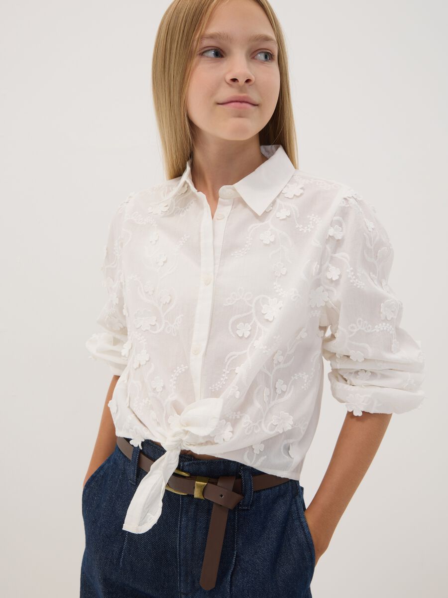 White pure cotton poplin shirt with floral embroidery_1