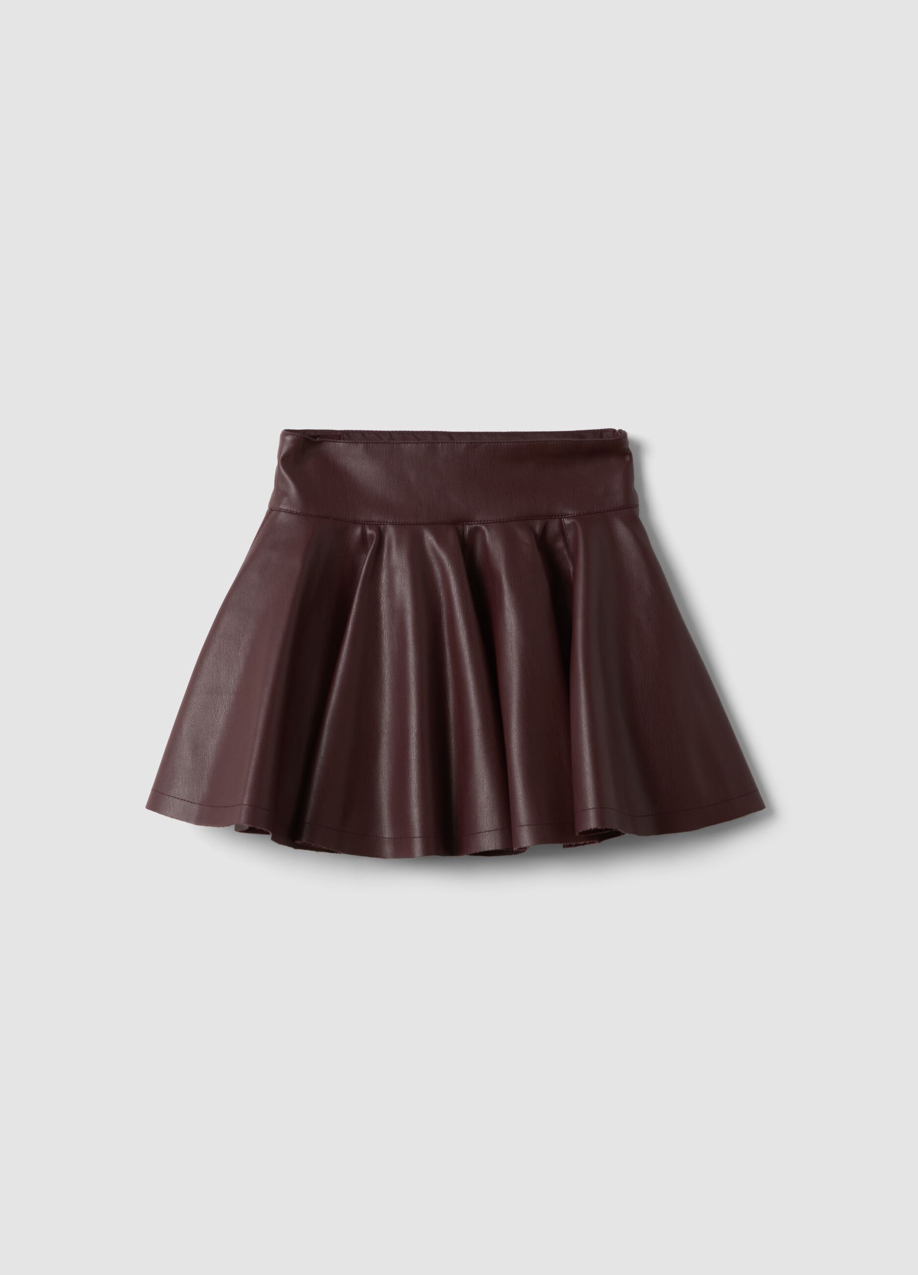 Brown circle skirt with coated-effect finish
