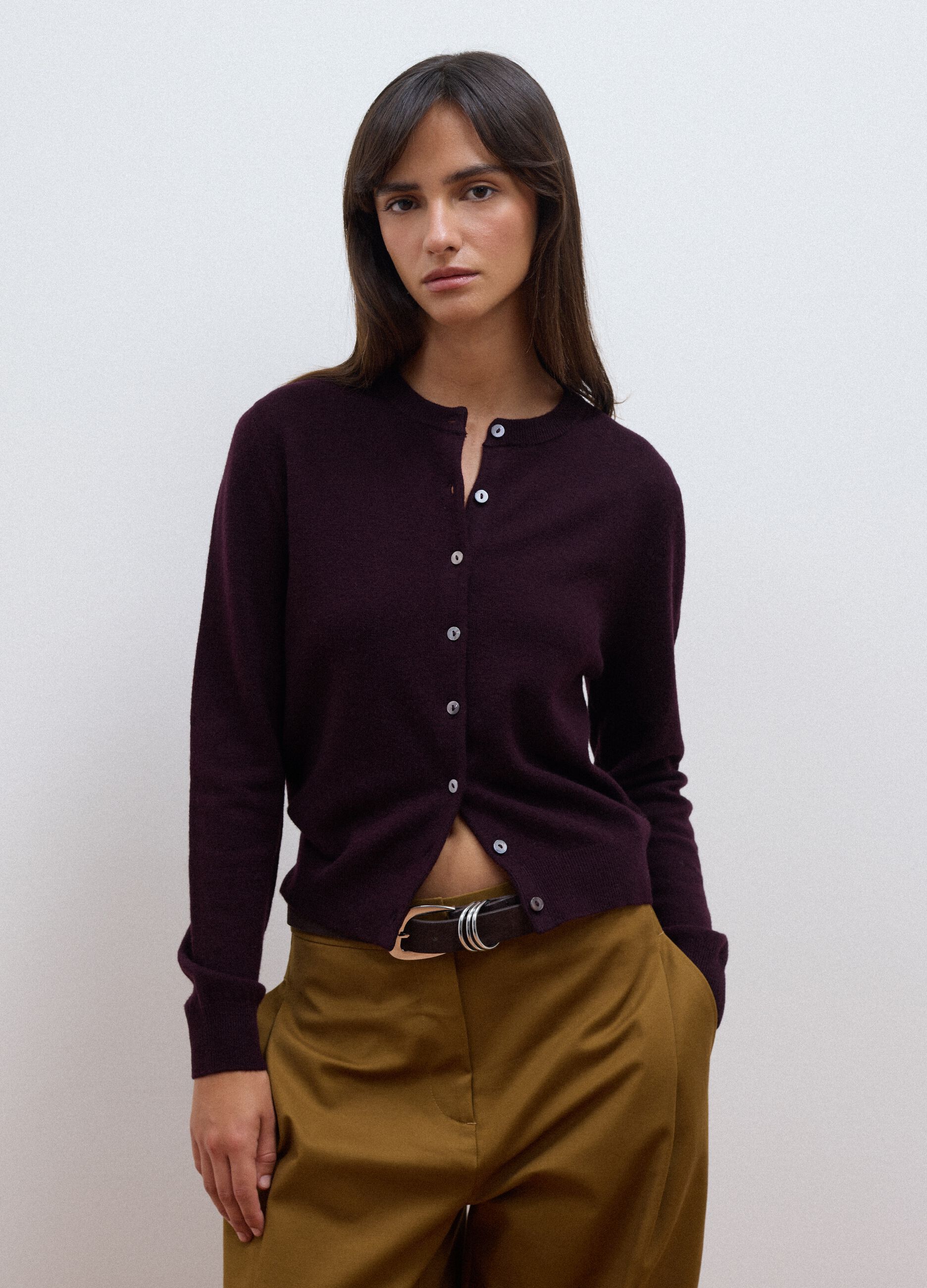 Purple pure wool crew-neck cardigan with buttons, regular fit