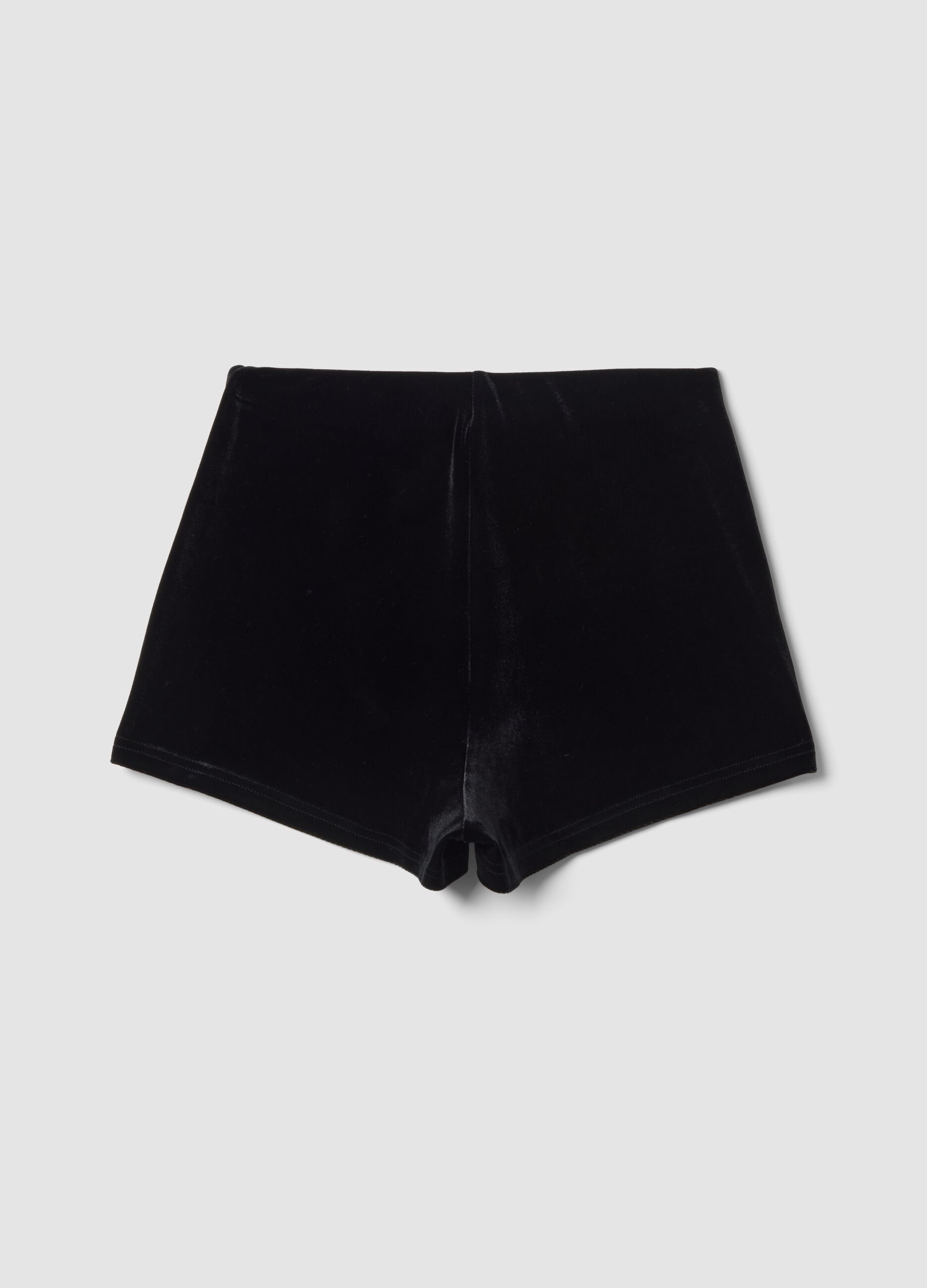 Black stretch velour slim-fit shorts with jewel embroidery