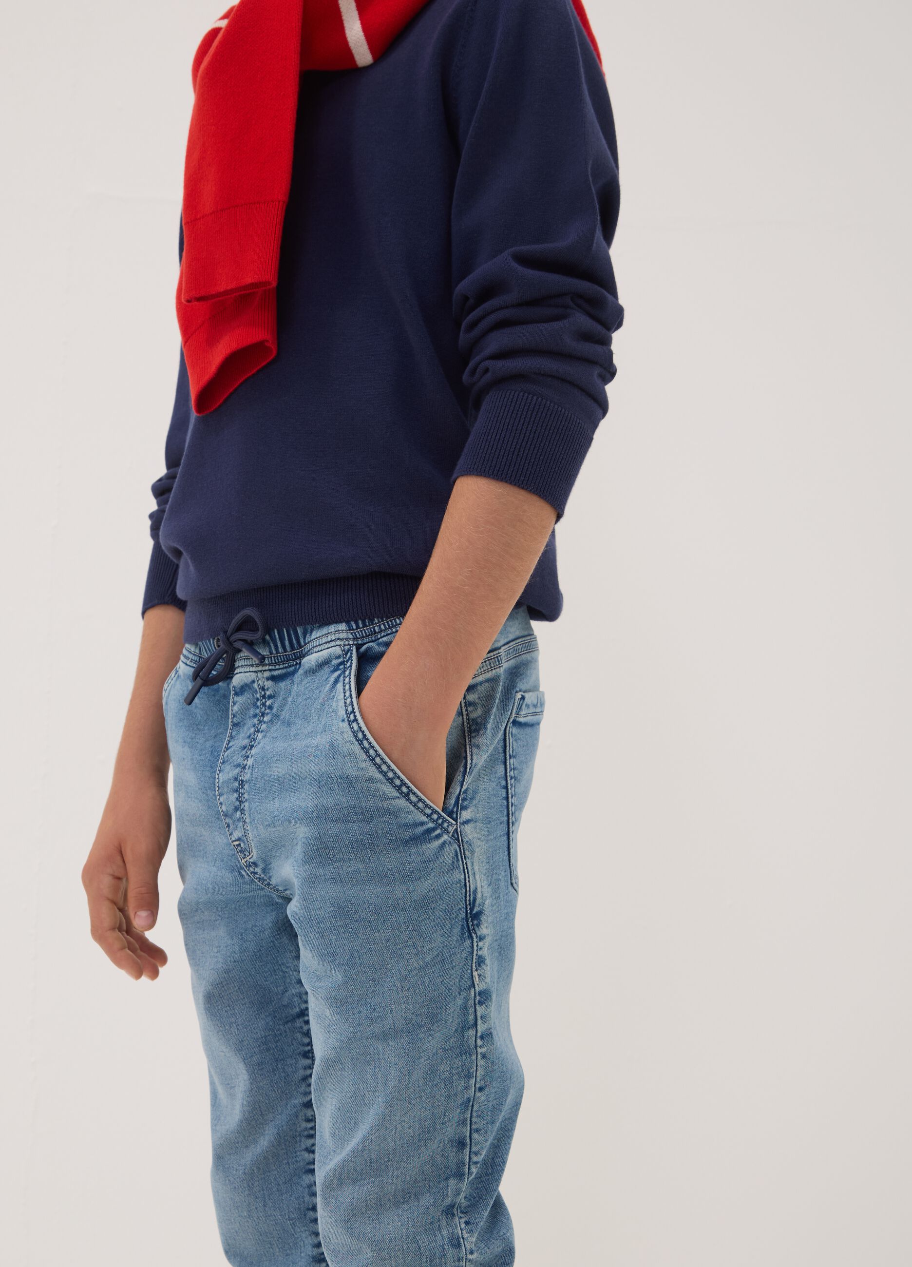 Blue stretch-cotton jogger jeans with drawstring for boys