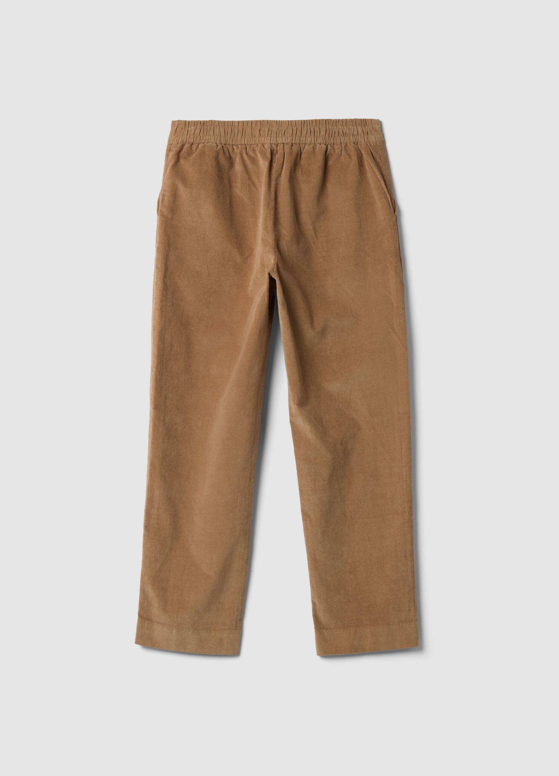 Beige ribbed stretch cotton trousers with elasticated waistband
