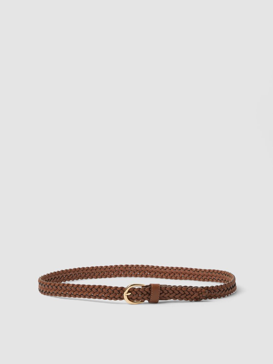 Brown woven belt with gold-tone buckle_0