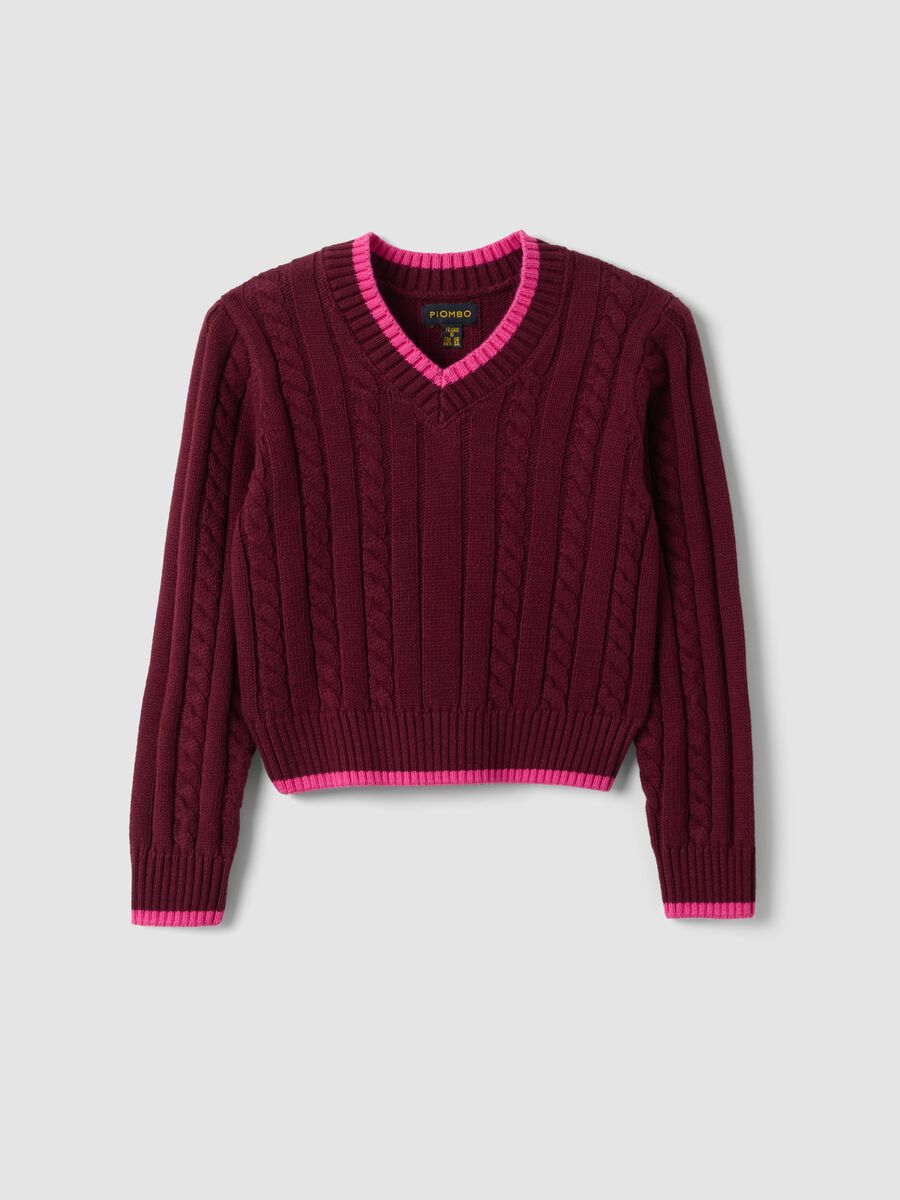 Red pure cotton cable-knit V-neck jumper for girls_3