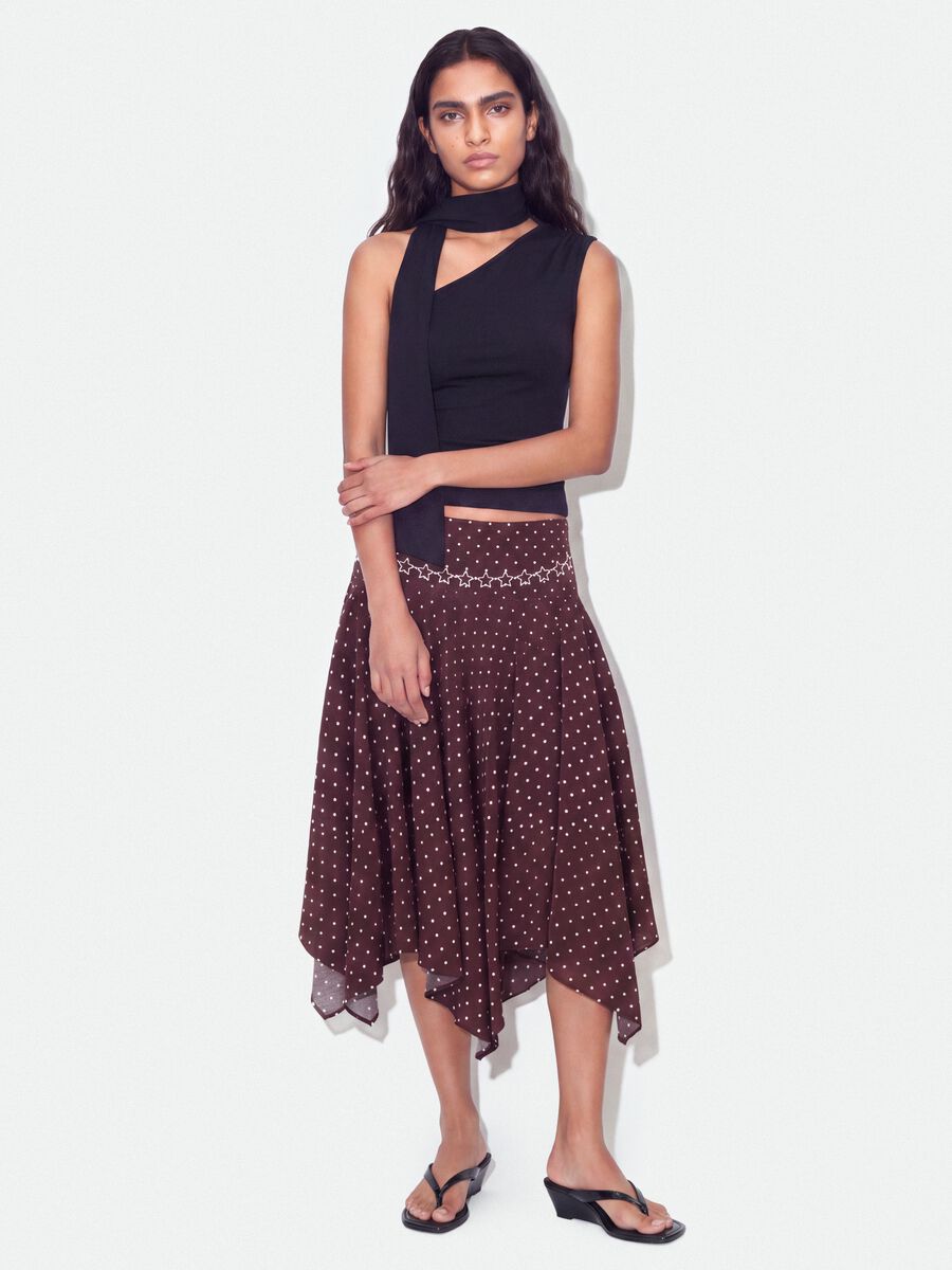 Black stretch top with asymmetric neckline and draped band_2