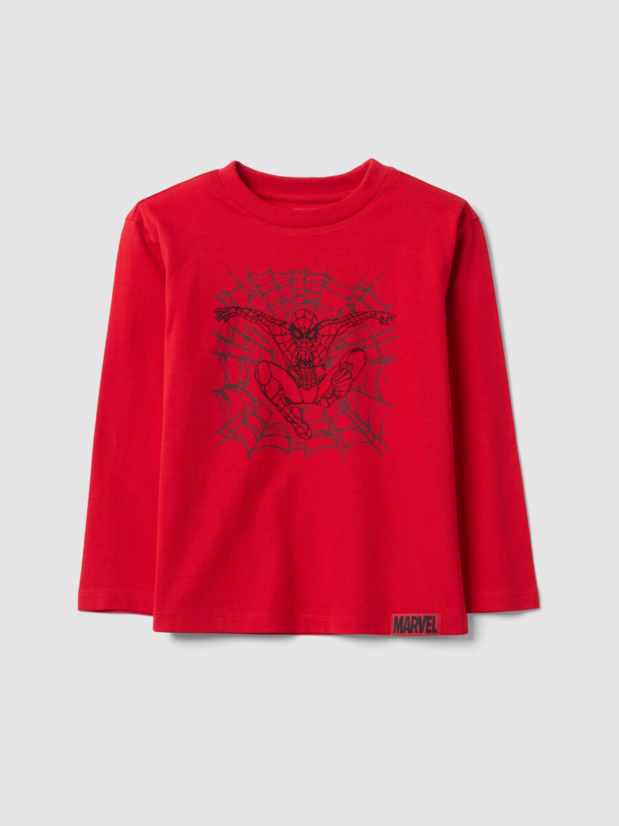 Red long-sleeve pure cotton T-shirt with MARVEL Spider-Man print for boys_0