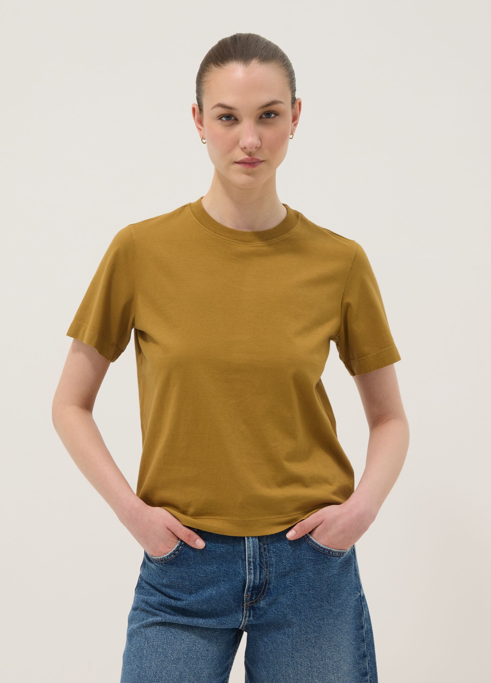 Brown short-sleeve pure cotton T-shirt, regular fit