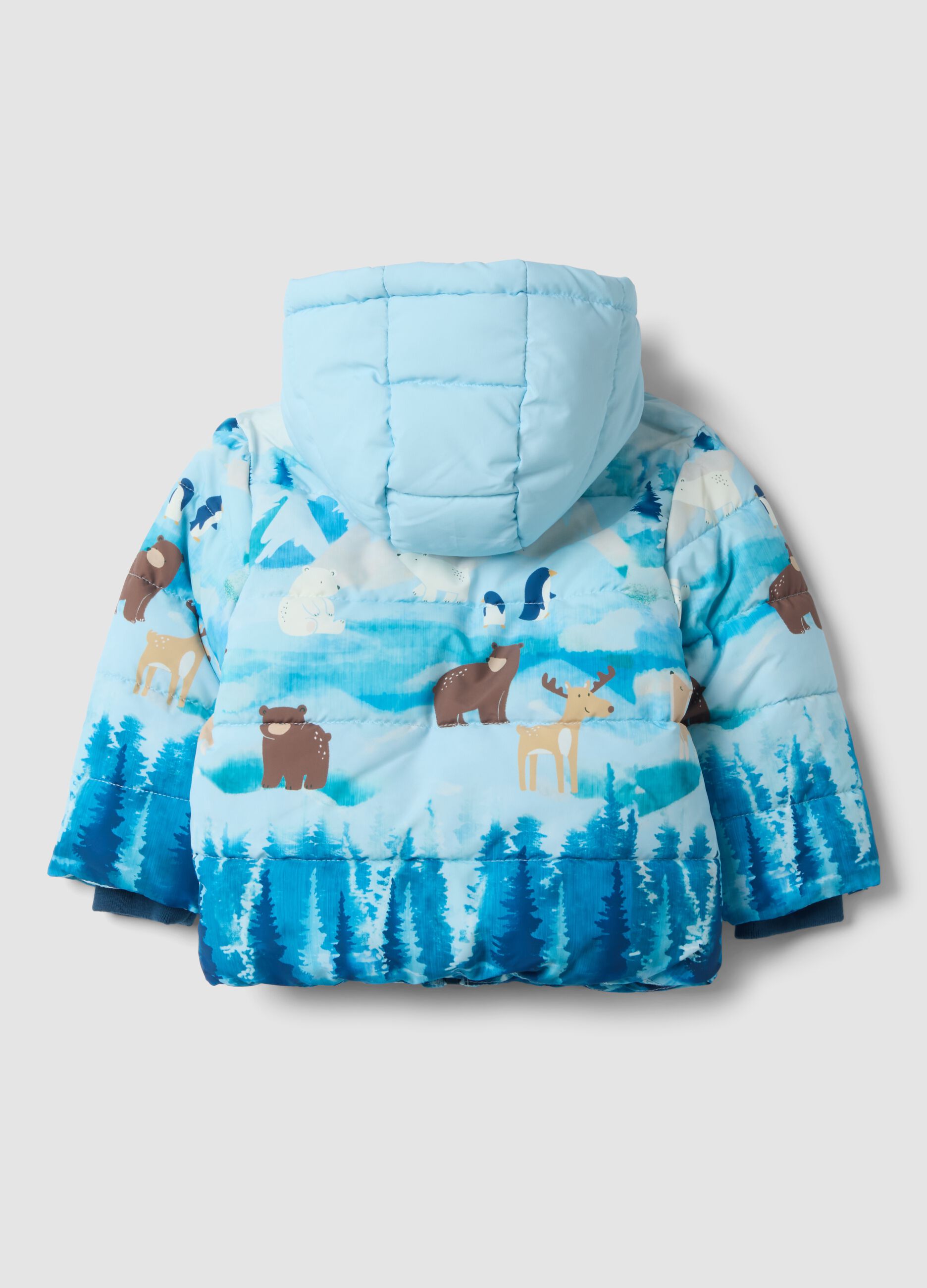 Blue padded hooded jacket with animal print, regular fit