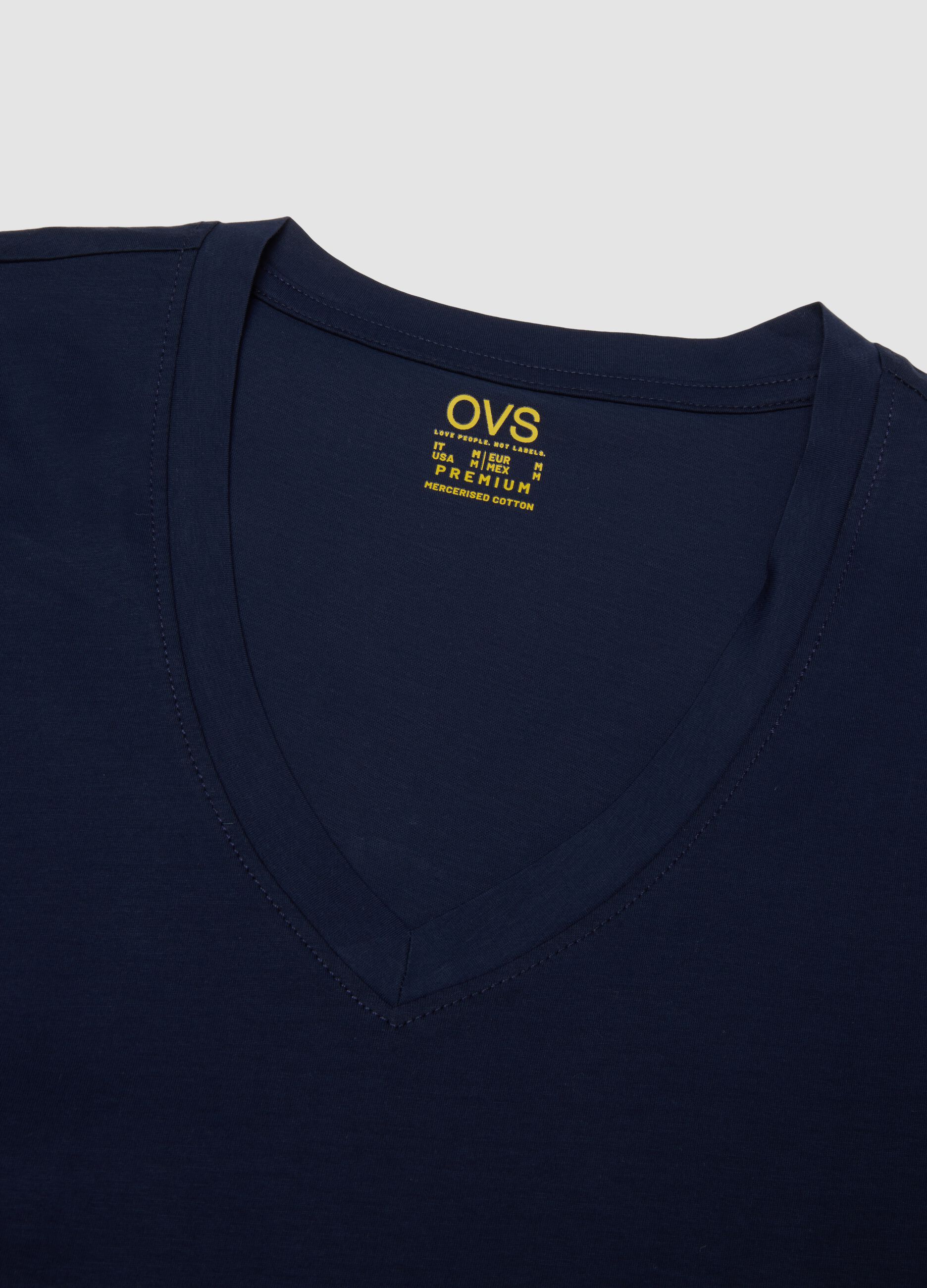 Blue T-shirt in pure mercerised cotton with deep V-neck
