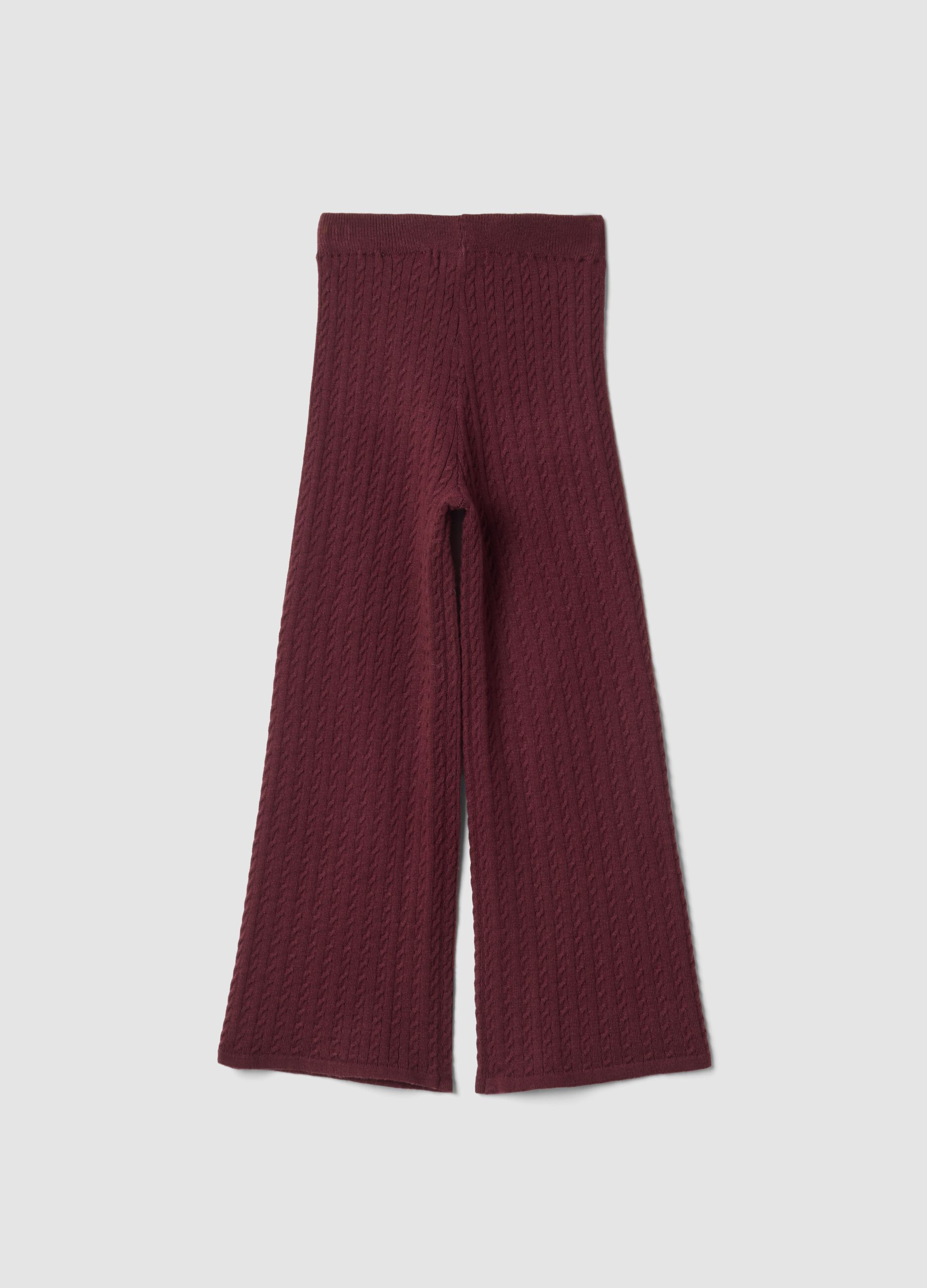 Plum purple flared leggings with cable-knit pattern