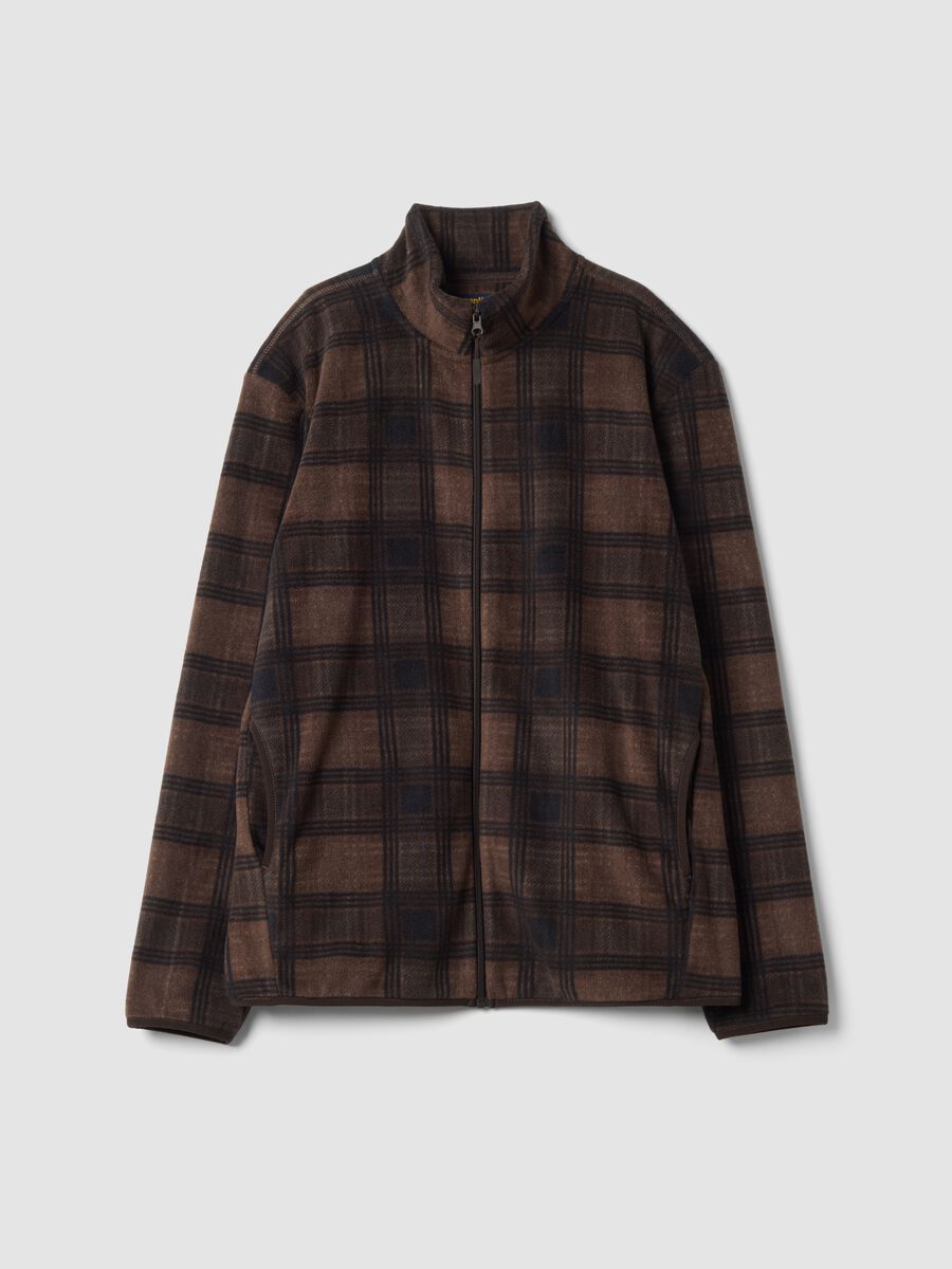 Brown checked fleece sweatshirt with regular-fit fleece collar_0