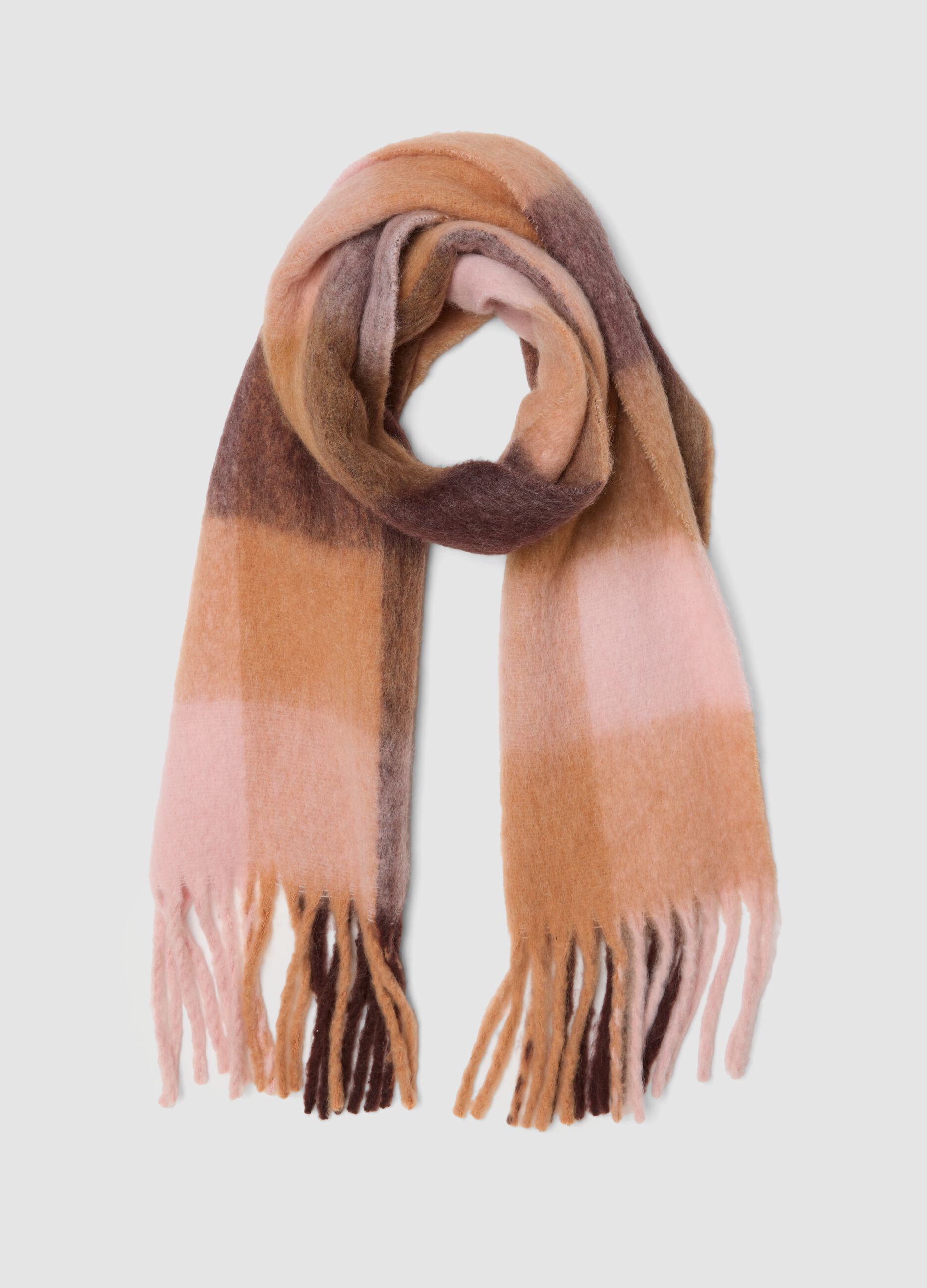 Sciarpa marrone in misto lana e alpaca con frange