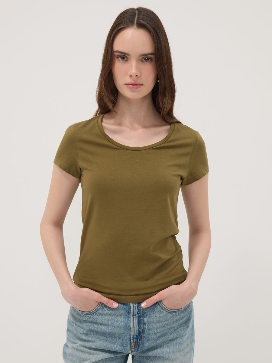 Green stretch cotton crew-neck T-shirt, regular fit_0