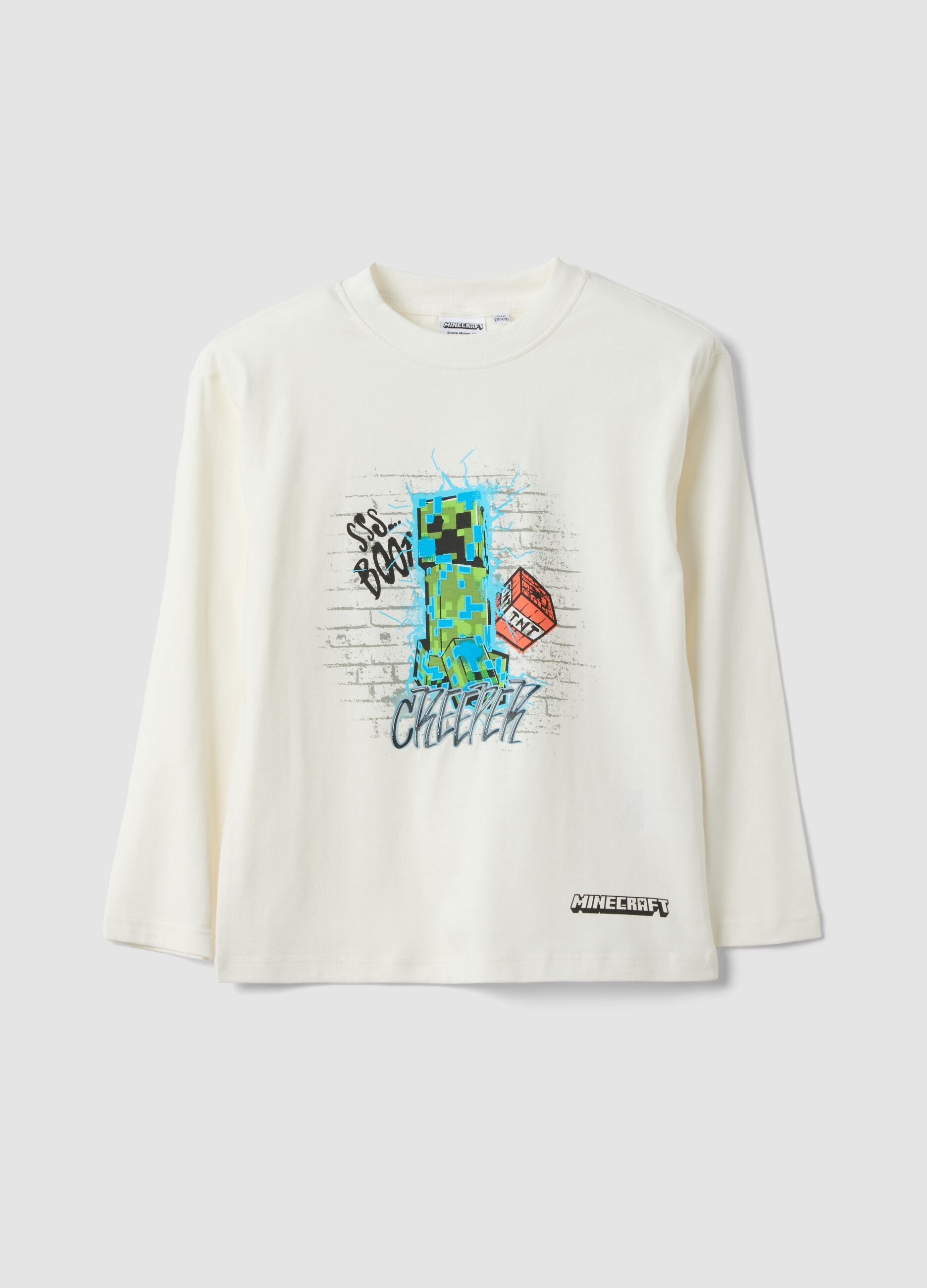 White crew-neck pure cotton T-shirt with Minecraft print