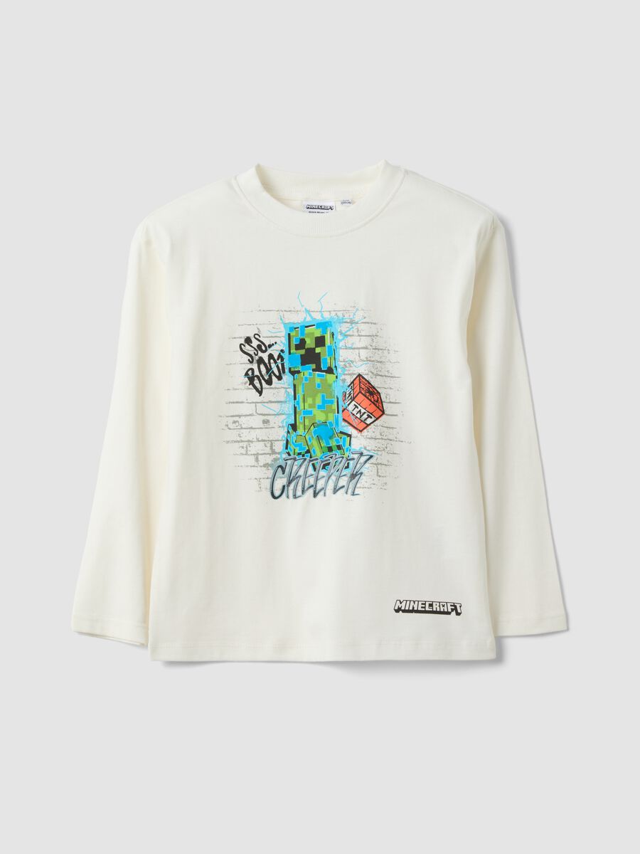 White crew-neck pure cotton T-shirt with Minecraft print_0