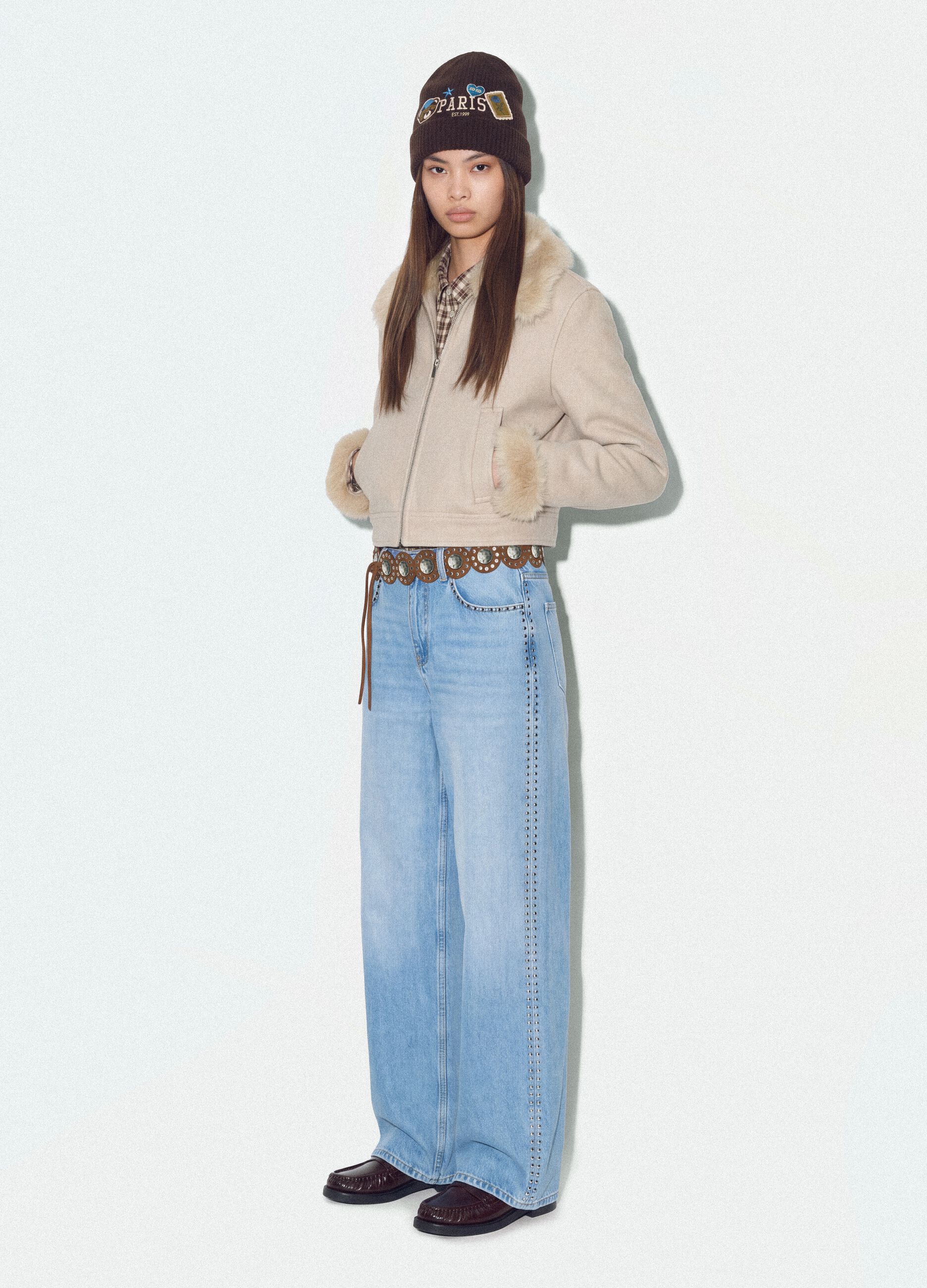 Giacca beige con zip e colletto a contrasto regular fit