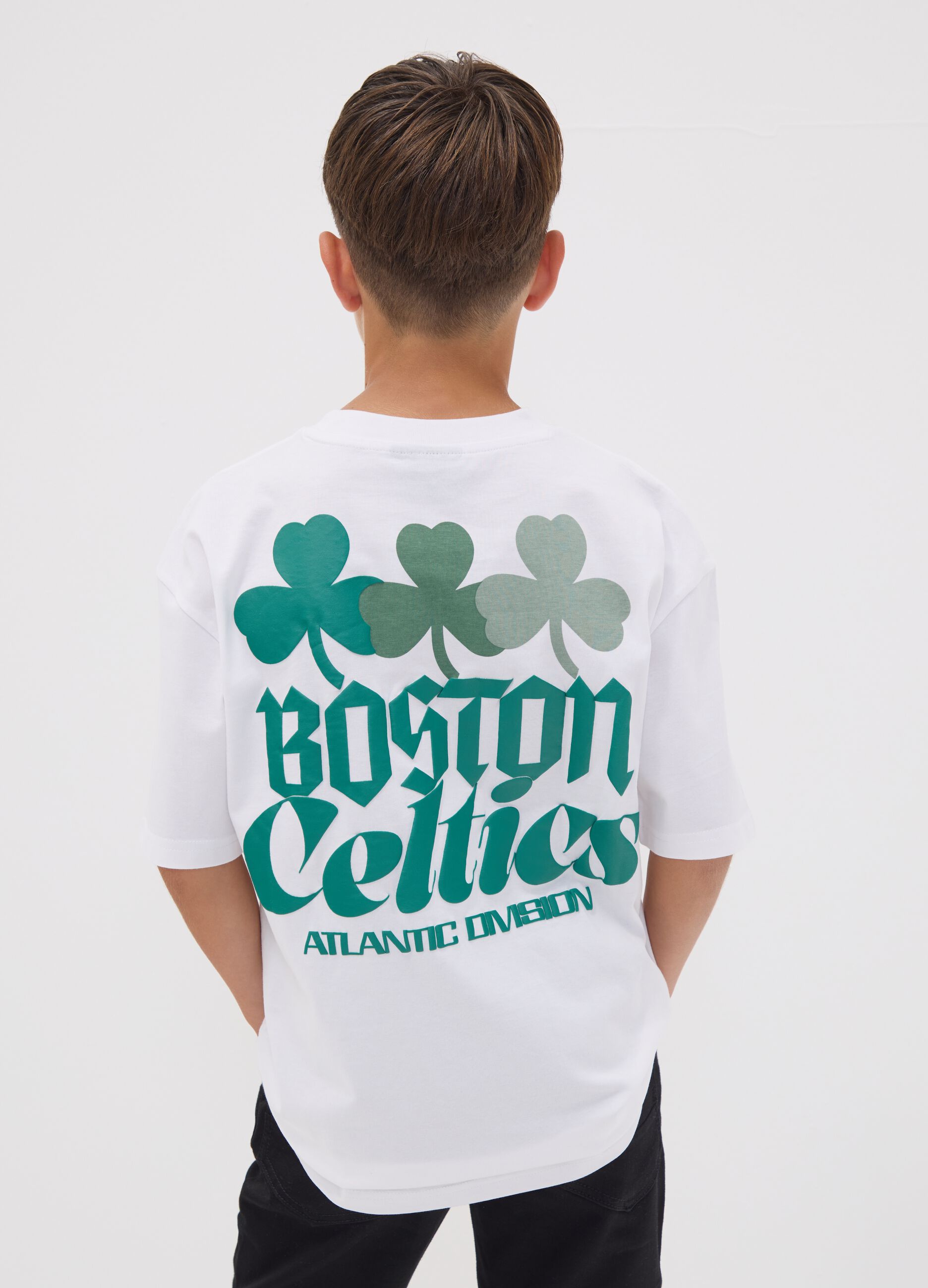 White pure cotton Celtics print T-shirt for boys