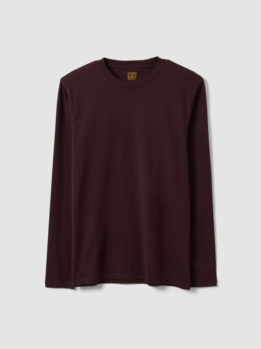 Brown long-sleeved pure organic cotton crew-neck T-shirt_0