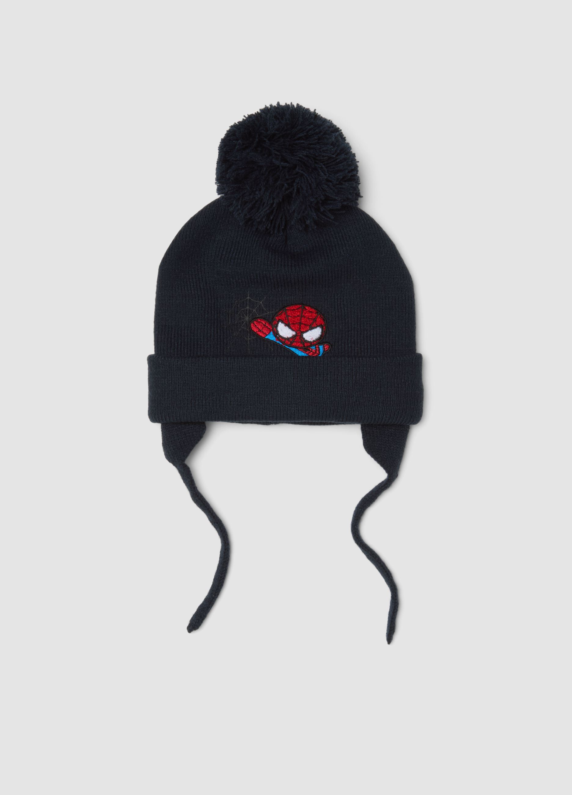 Cappello blu in maglia con pompon e lacci a tema MARVEL Spider-Man