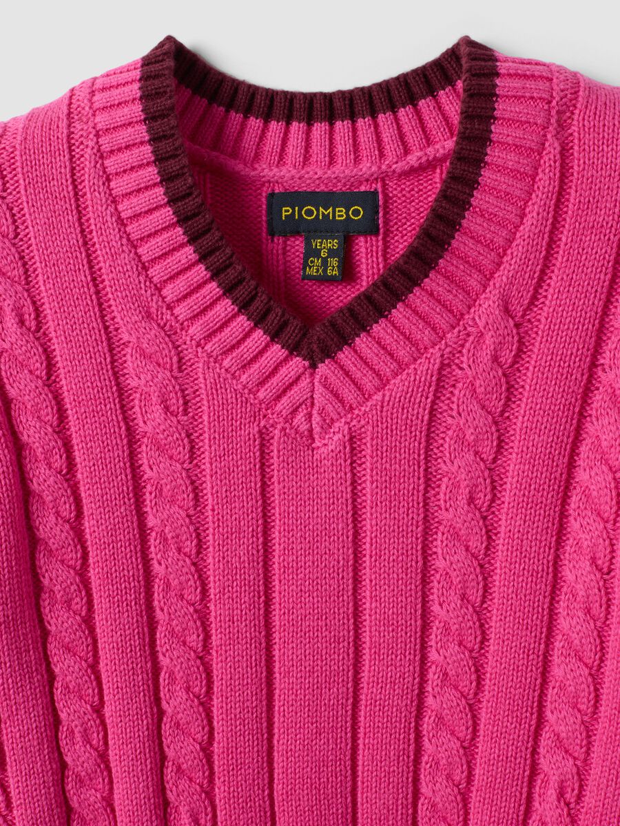 Pink pure cotton cable-knit V-neck jumper for girls_5