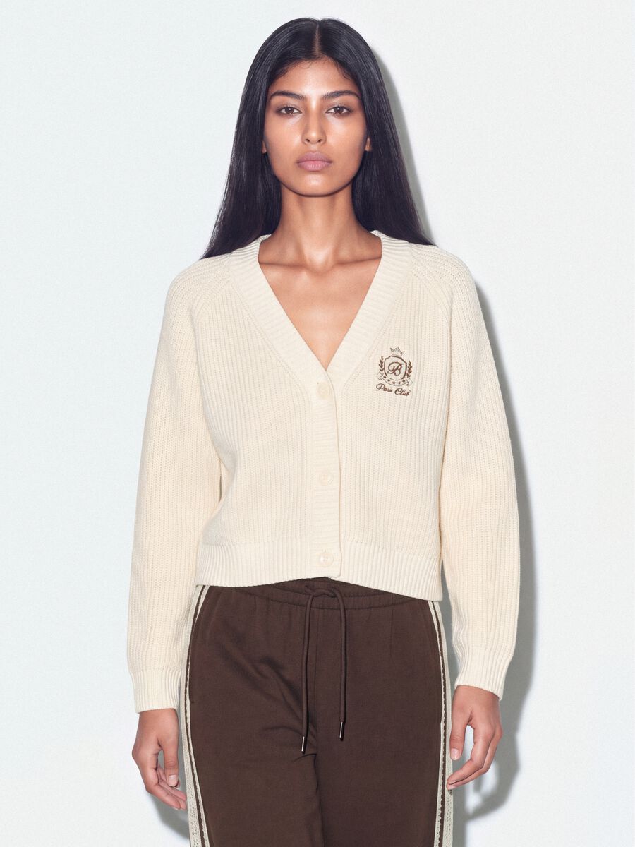 Cardigan beige in misto cotone con scollo profondo a V fitted_0