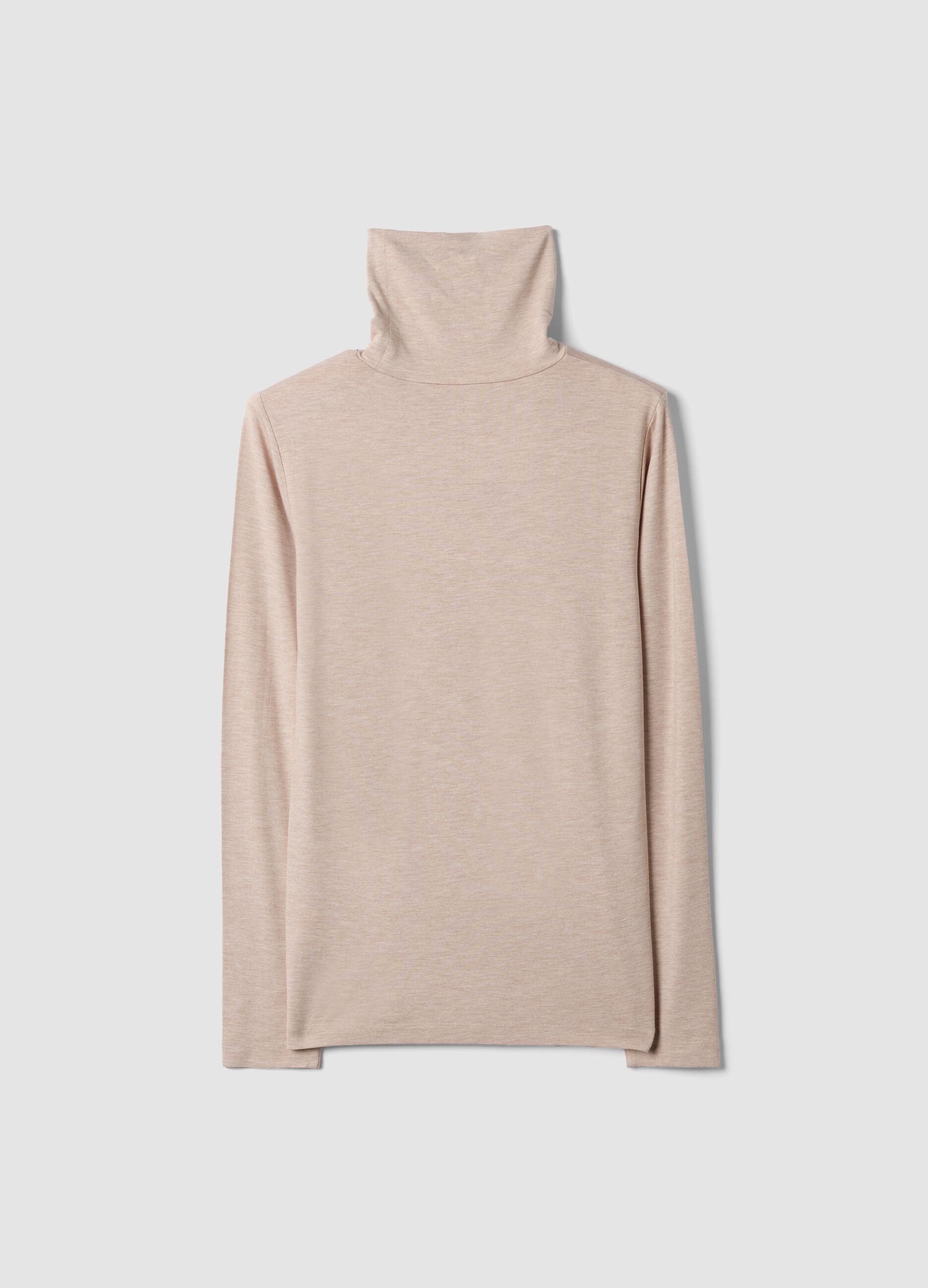 Beige stretch viscose top with mock neck, regular fit
